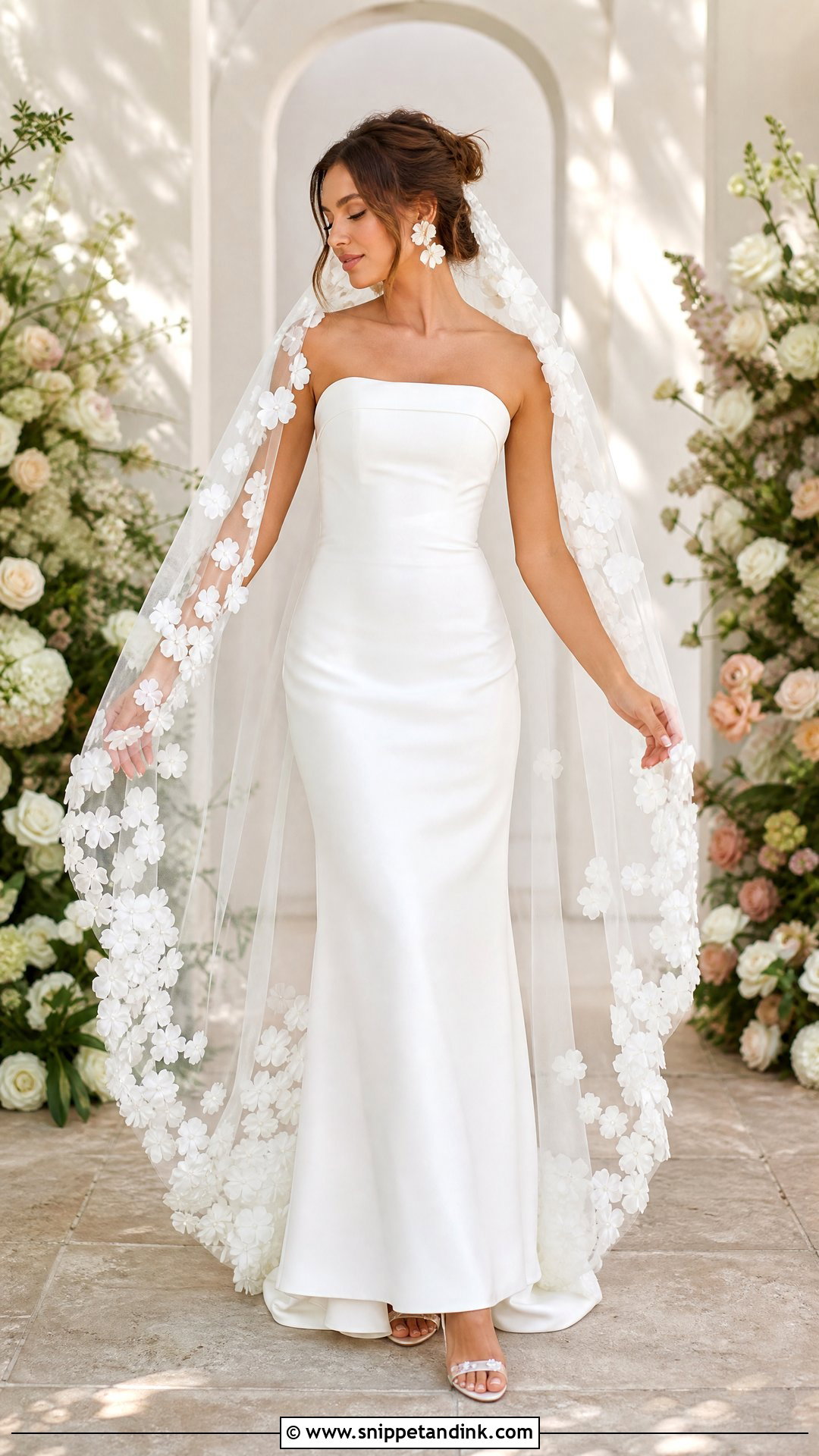 White 3D Floral Veil With Strapless Wedding Dress - Snippet and Ink - 25 White Veil Ideas