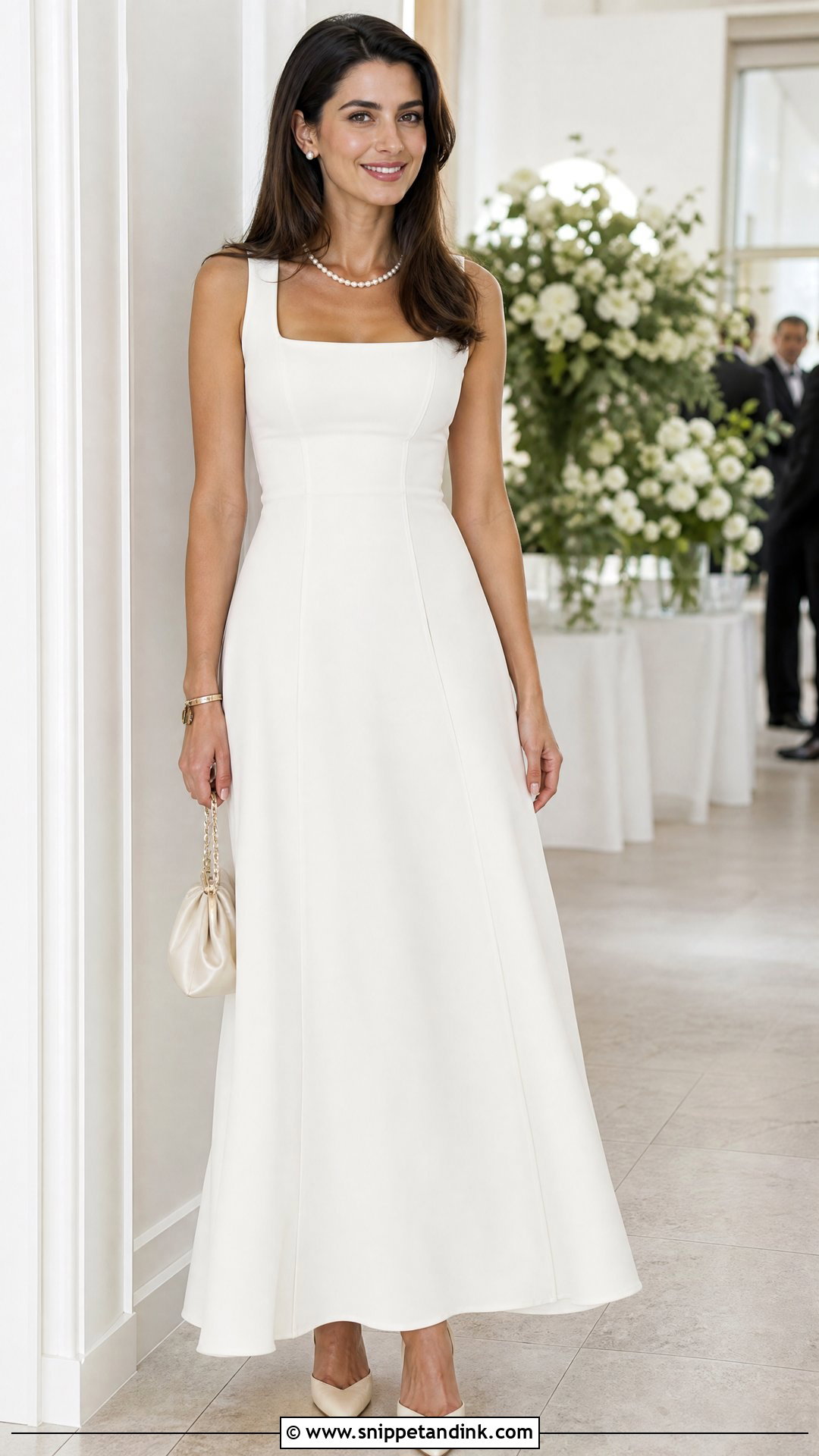 White A Line Gown With Pearl Accessories - Snippet and Ink - 25 Simple White Gown Ideas