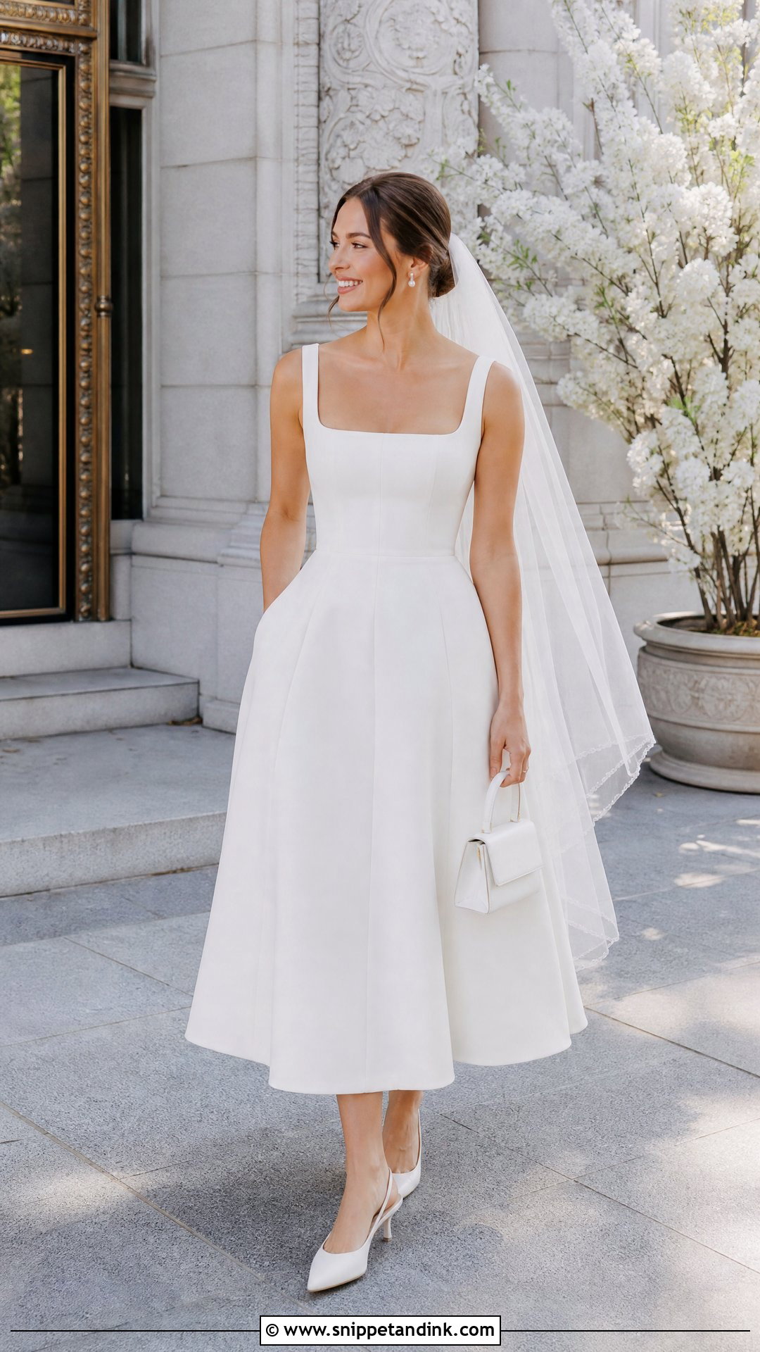 White A Line Midi Courthouse Wedding Dress - Snippet and Ink - 20 White Courthouse Wedding Dress Ideas
