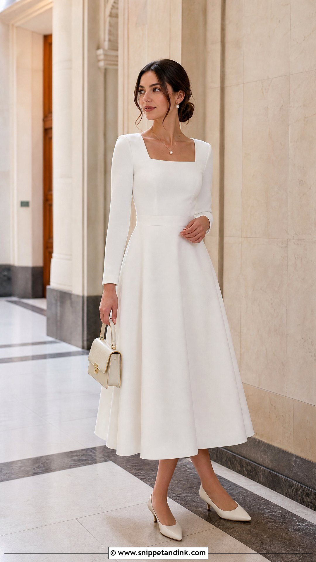 White A Line Midi Dress With Pearl Accessories - Snippet and Ink - 20 Simple White Dress for Civil Wedding Ideas