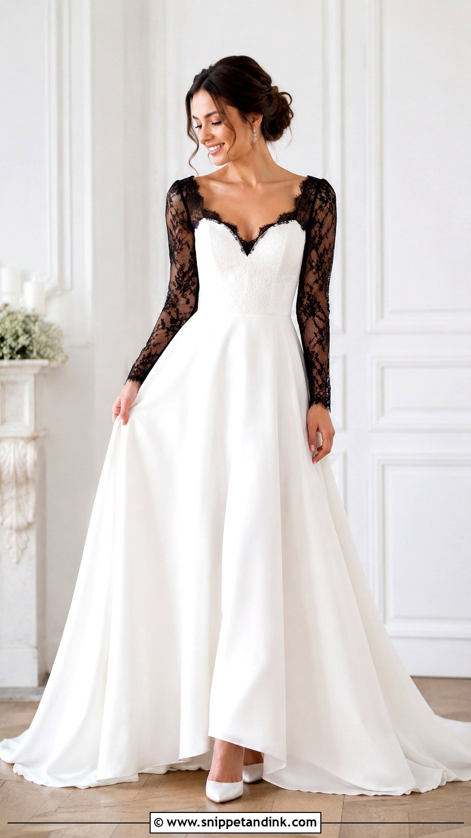 White A Line Wedding Dress With Black Lace Sleeves - Snippet and Ink - 25 White Wedding Dress with Black Lace Ideas