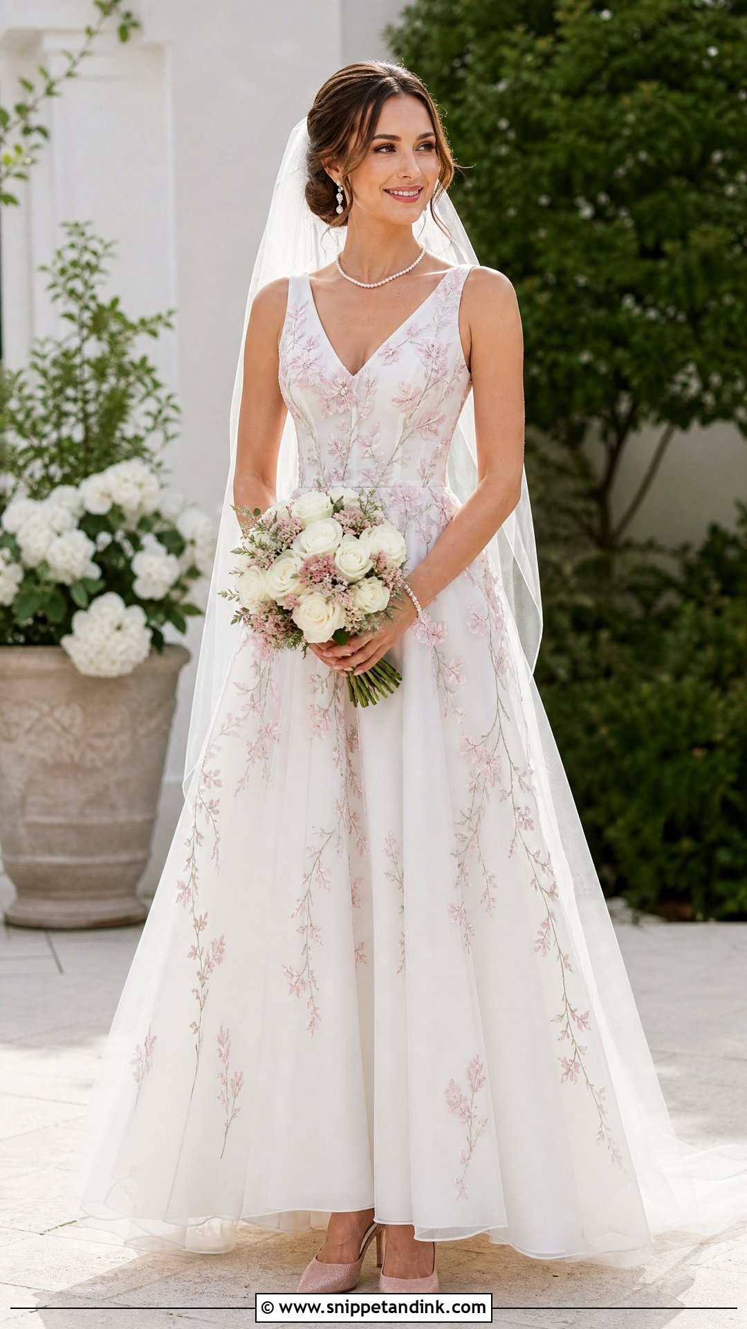 White A Line Wedding Dress With Pink Embroidery - Snippet and Ink - 25 Pink and White Wedding Dress Ideas