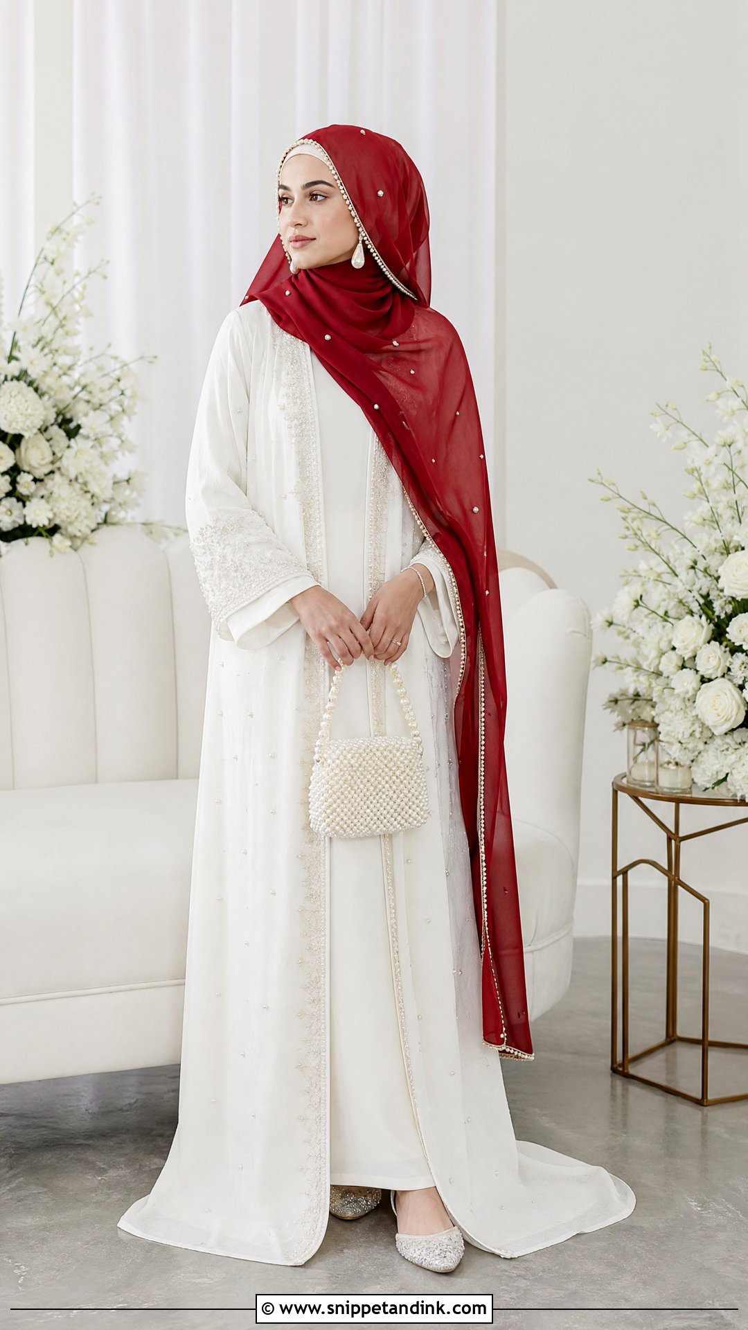 White Abaya Nikkah Dress With Red Dupatta - Snippet and Ink - 20 White Nikkah Dress with Red Dupatta Ideas