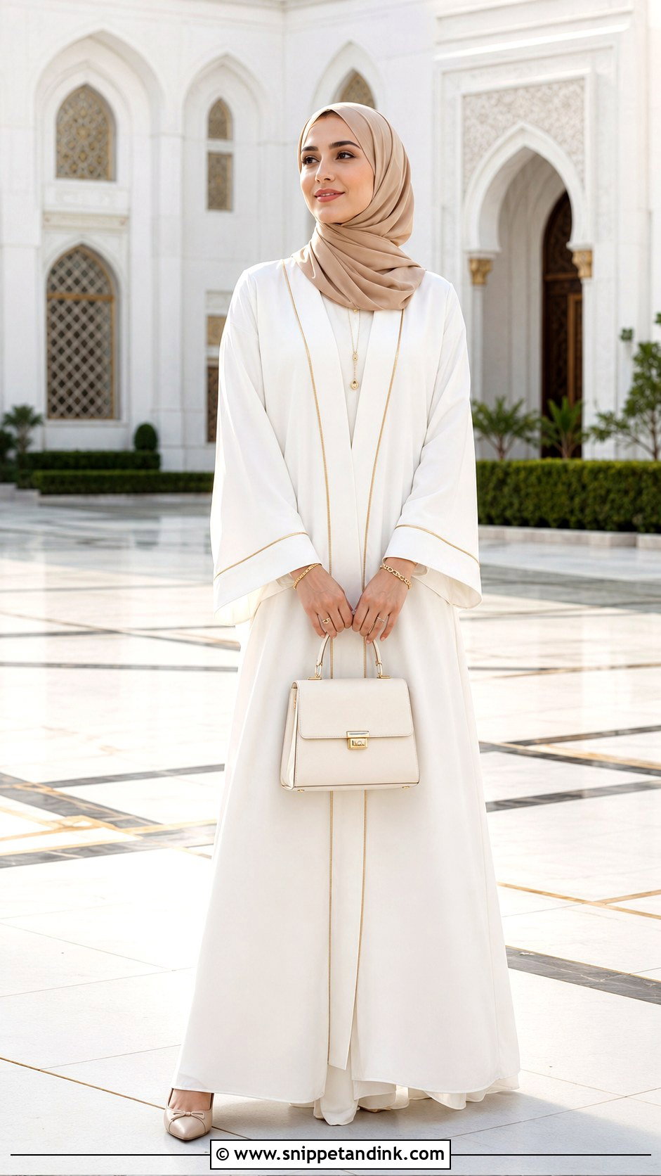 White Abaya With Gold Hijab - Snippet and Ink - 20 Ied Mubarak Outfit Hijab Ideas