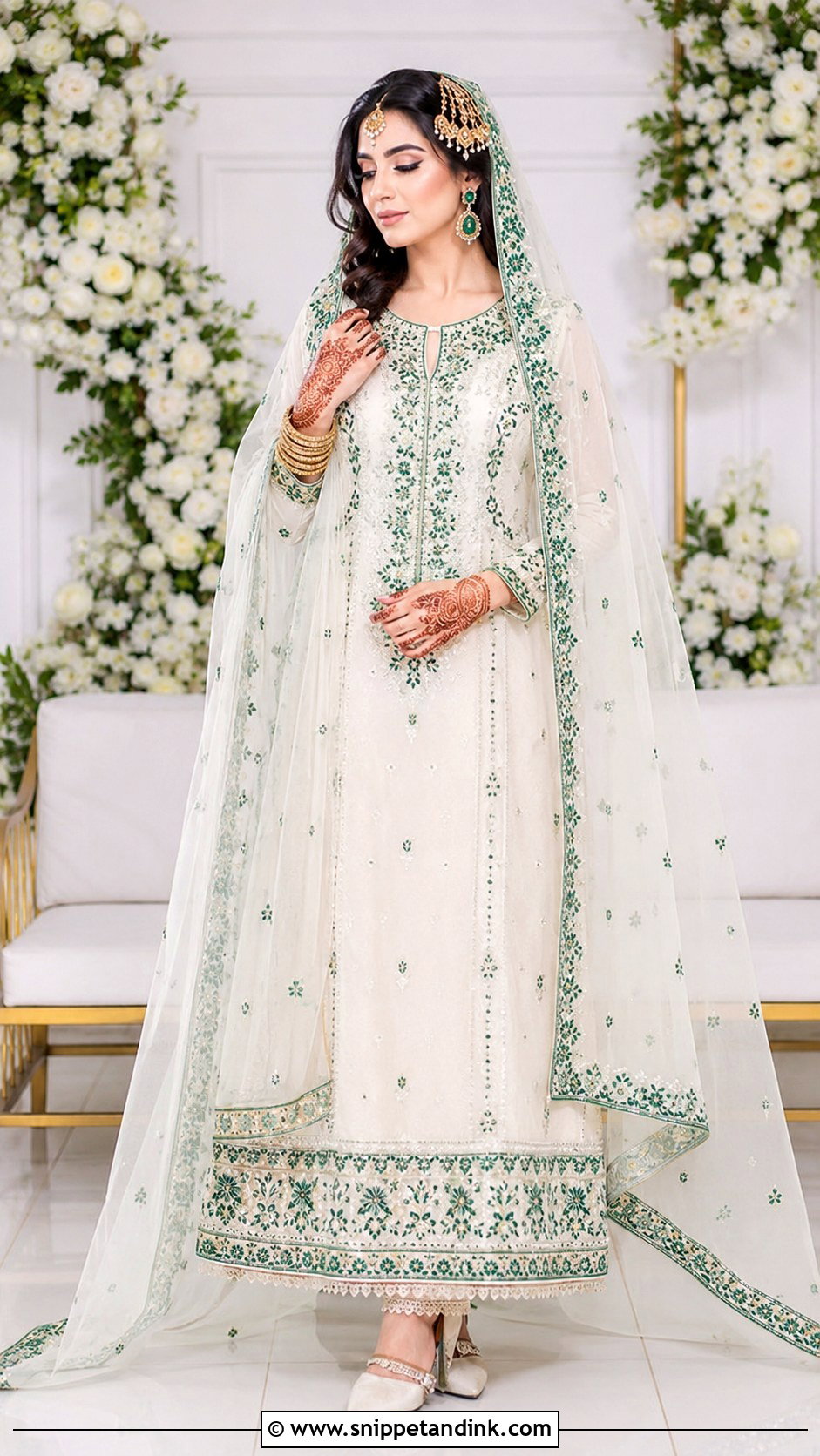 White Afghani Wedding Dress With Green Details - Snippet and Ink - 20 Afghani Wedding Dress Ideas