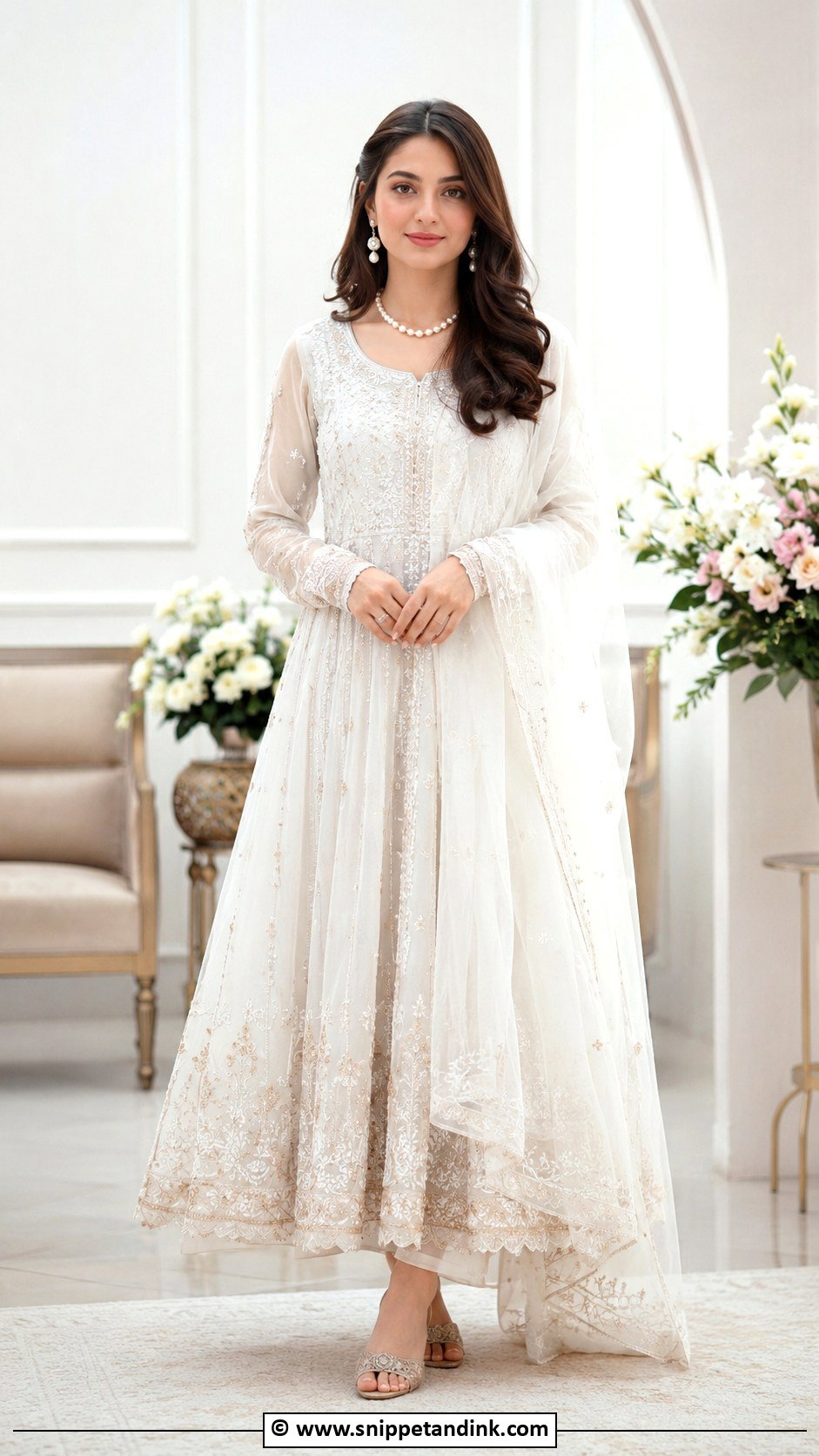 White Anarkali Nikkah Dress With Pearl Jewelry - Snippet and Ink - 30 Pakistani Nikkah Dress Ideas
