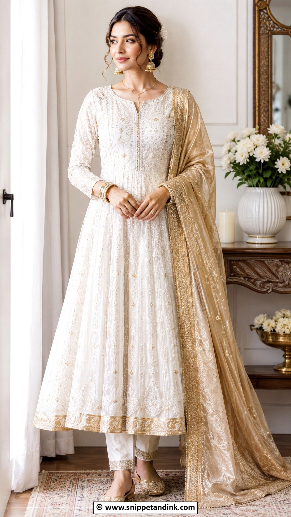 White Anarkali With Gold Dupatta Outfit - Snippet and Ink - 25 Nikkah Outfits for Bride