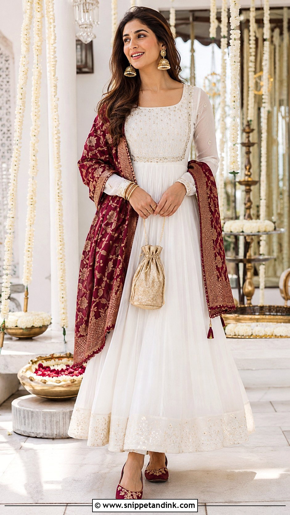 White Anarkali With Maroon Dupatta - Snippet and Ink - 20 Maroon Dupatta Combination Ideas