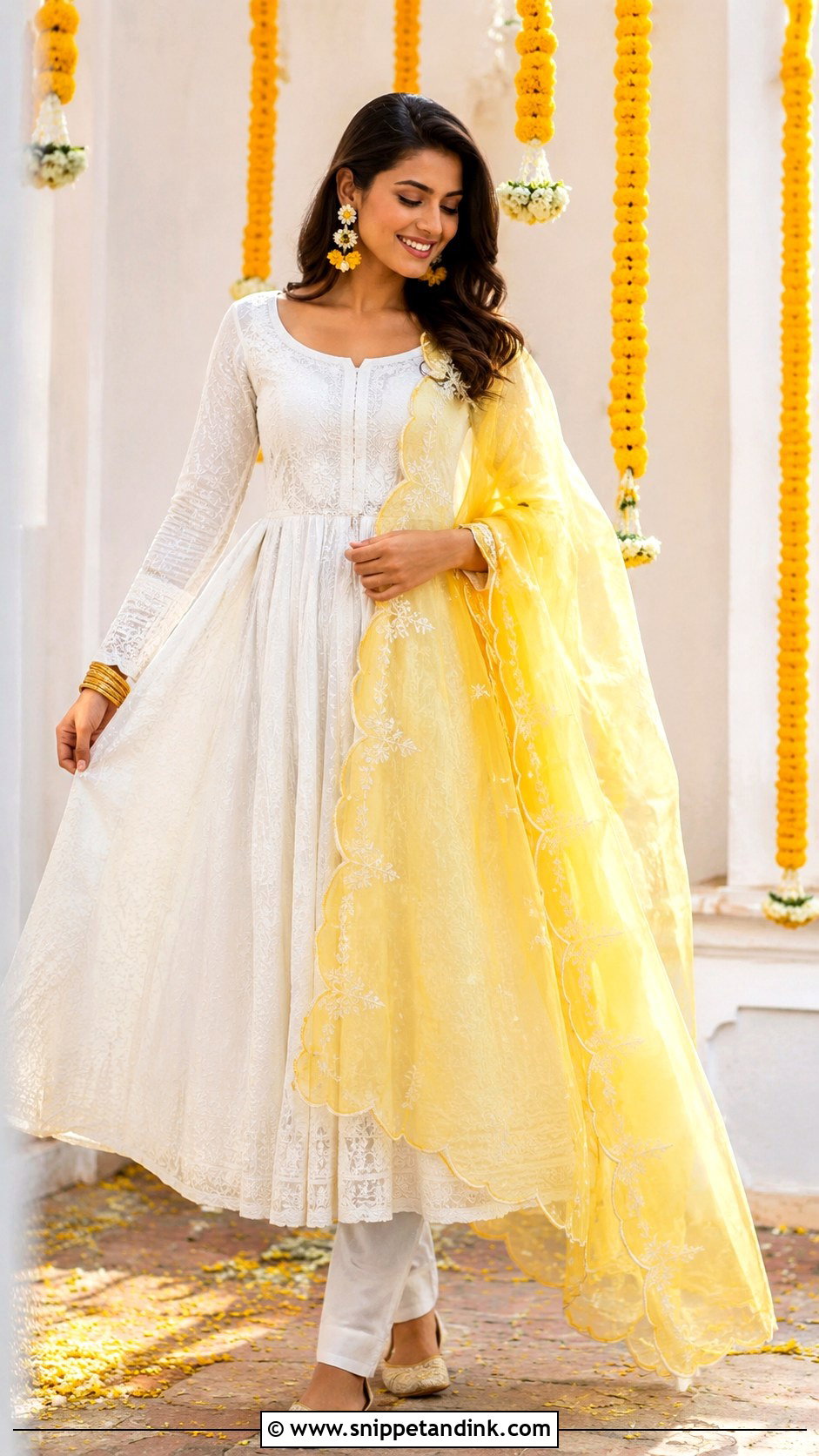 White Anarkali With Yellow Organza Dupatta - Snippet and Ink - 20 White and Yellow Haldi Outfit Ideas