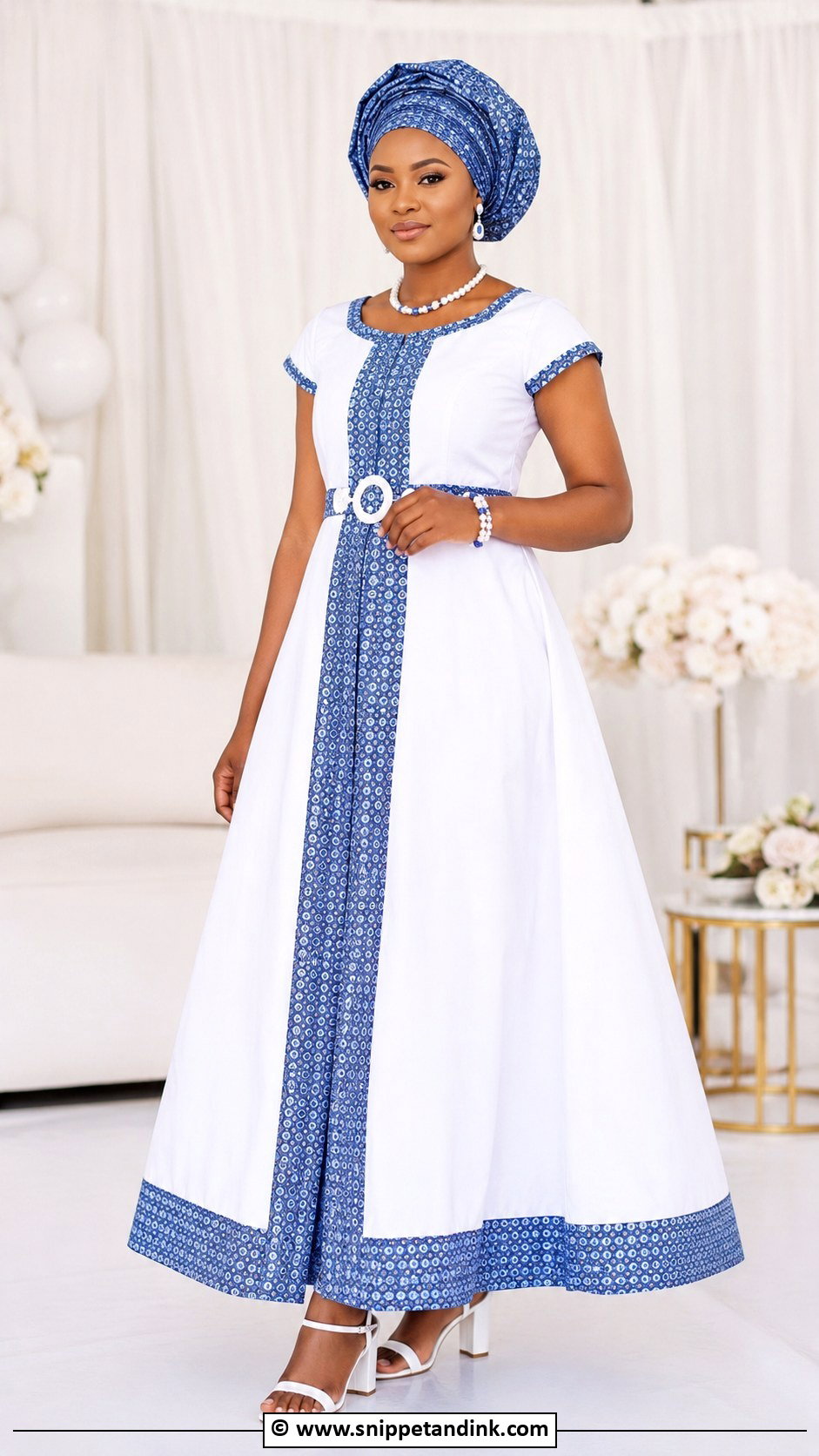 White And Blue Shweshwe Wedding Dress - Snippet and Ink - 25 Tswana Traditional Wedding Dresses