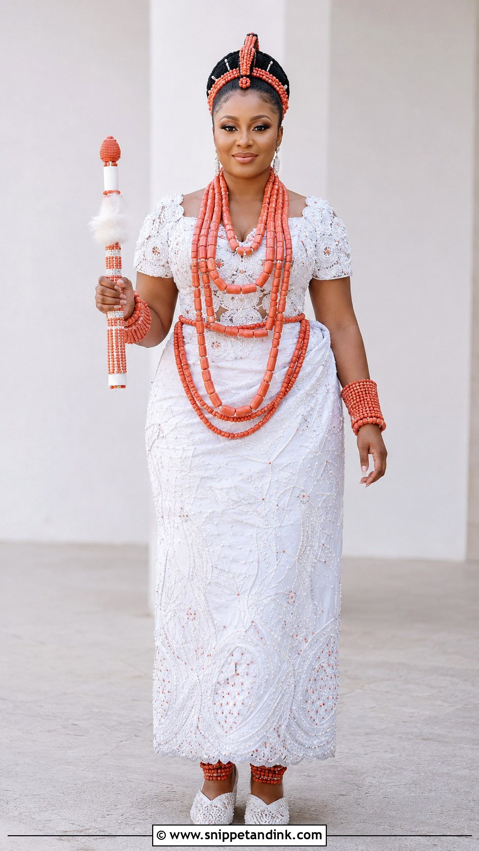 White And Coral Ofod Ukod Anwang Calabar Attire - Snippet and Ink - 20 Calabar Traditional Attire Ideas