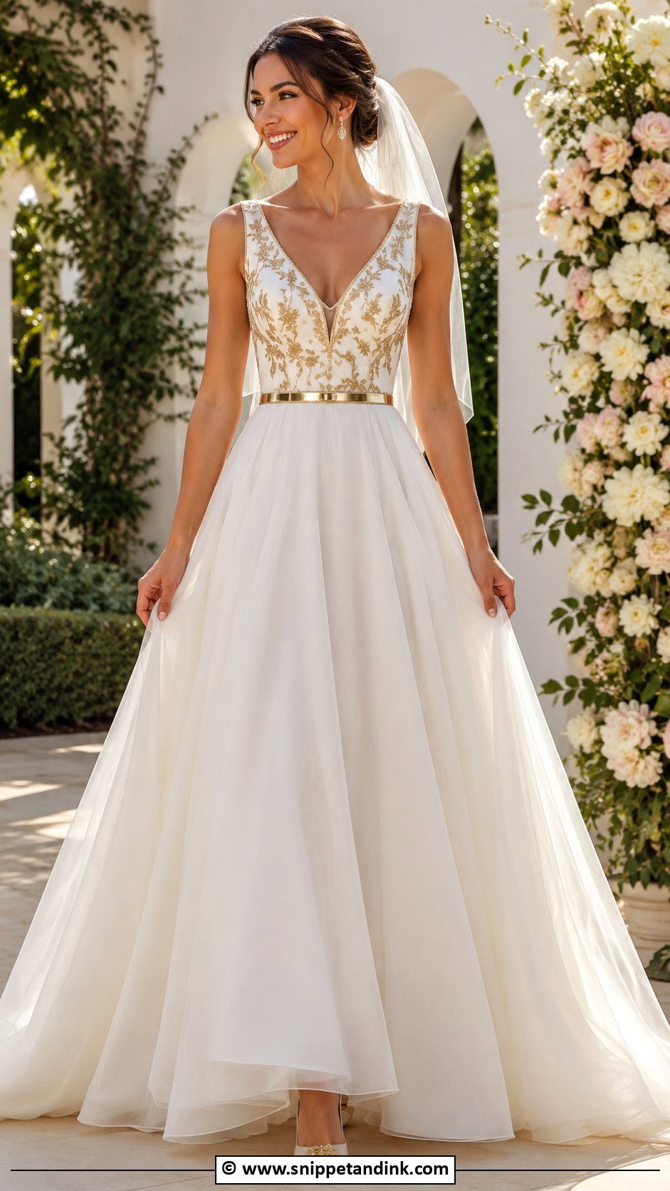 White And Gold A Line Wedding Dress - Snippet and Ink - 25 White and Gold Wedding Dress Ideas