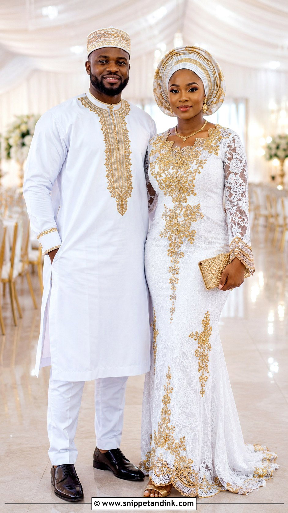 White And Gold African Couple Wedding Outfit - Snippet and Ink - 25 Matching African Couple Outfits Wedding