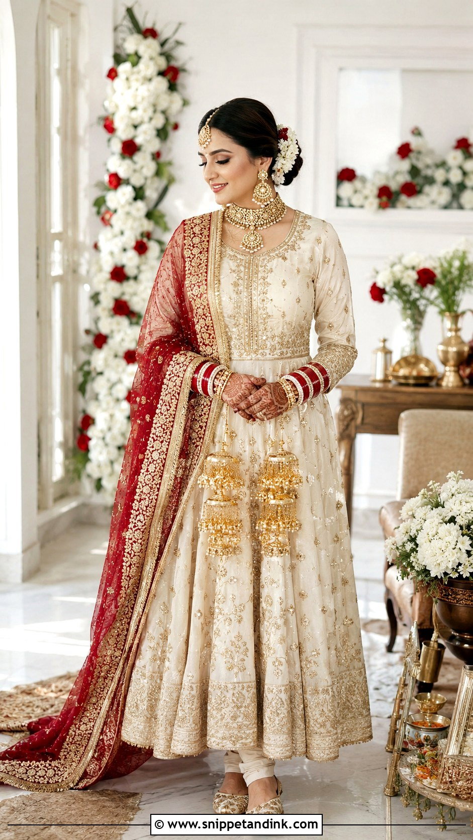 White And Gold Anarkali Chooda Ceremony Outfit - Snippet and Ink - 20 Chooda Ceremony Outfit Ideas