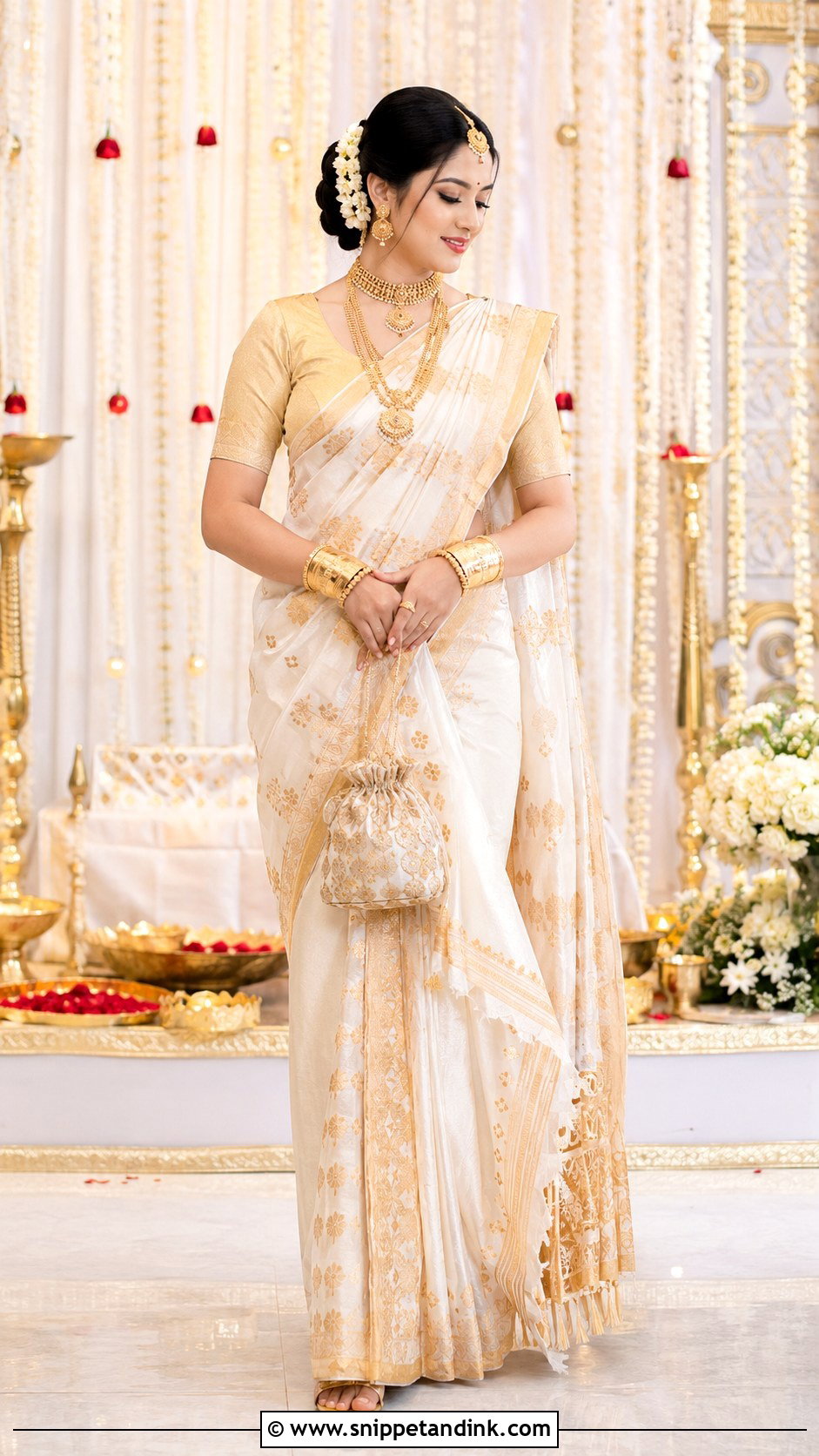 White And Gold Assamese Bridal Mekhela Sador - Snippet and Ink - 20 Assamese Wedding Dress Ideas