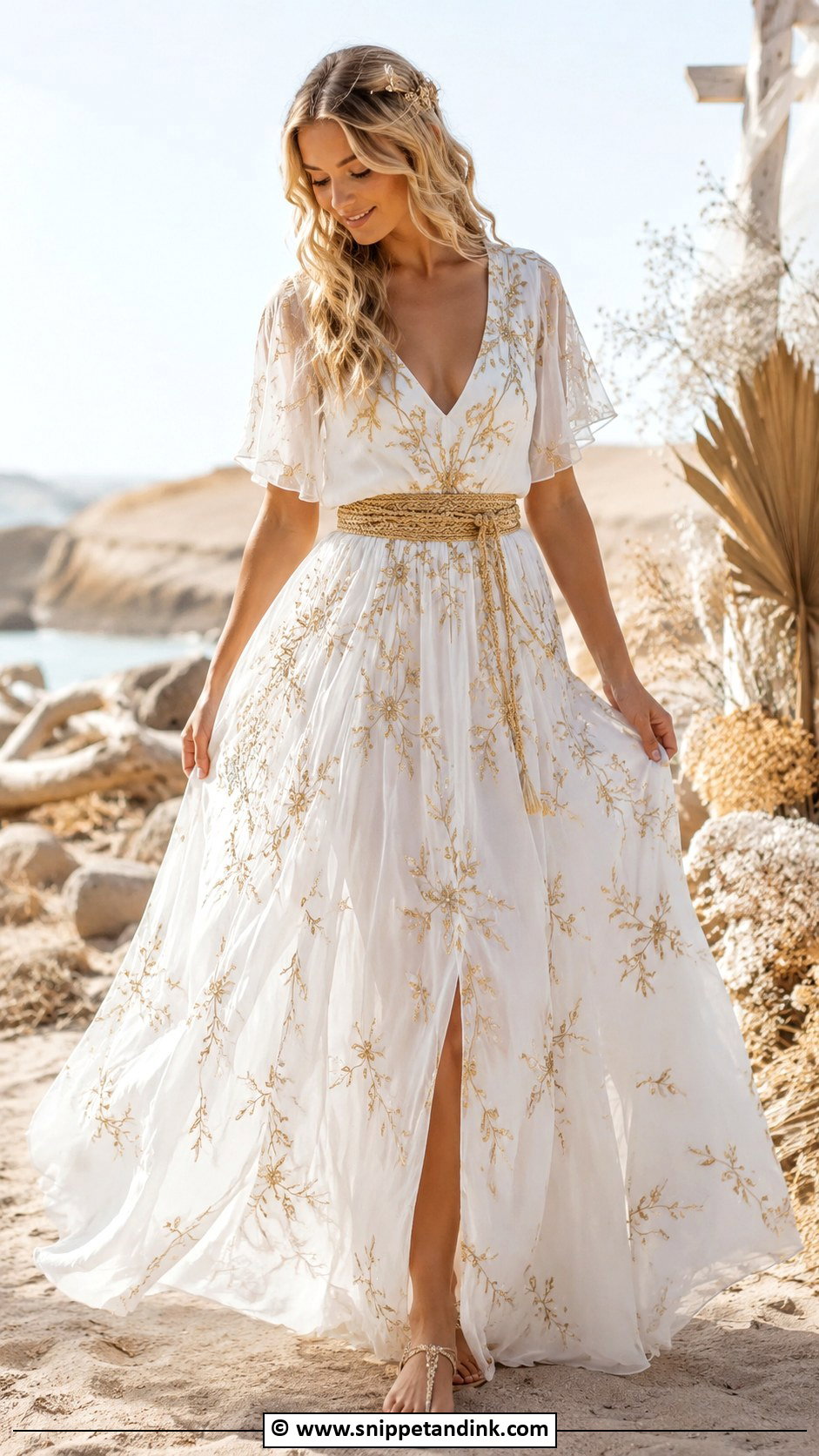 White And Gold Boho Wedding Dress - Snippet and Ink - 25 White and Gold Wedding Dress Ideas