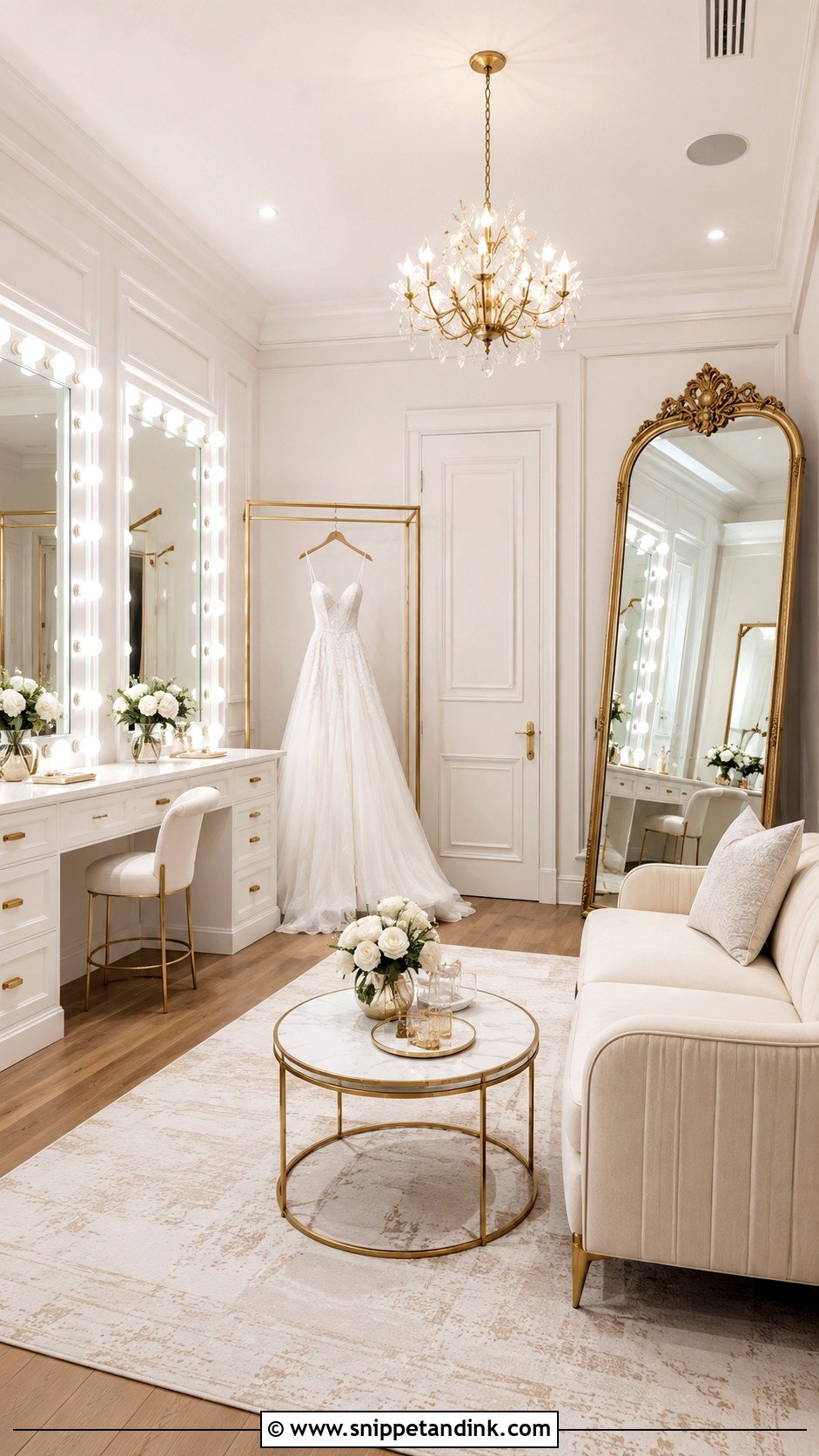 White And Gold Bridal Dressing Room - Snippet and Ink - 20 Bridal Dressing Room Ideas
