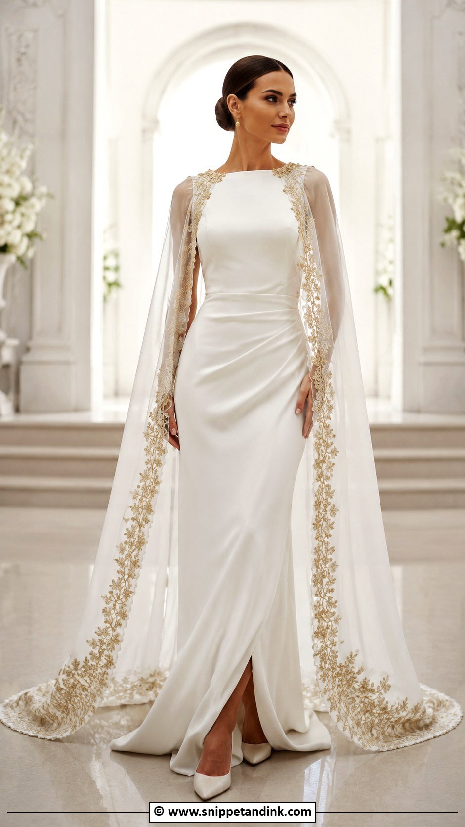 White And Gold Cape Wedding Dress - Snippet and Ink - 25 White and Gold Wedding Dress Ideas