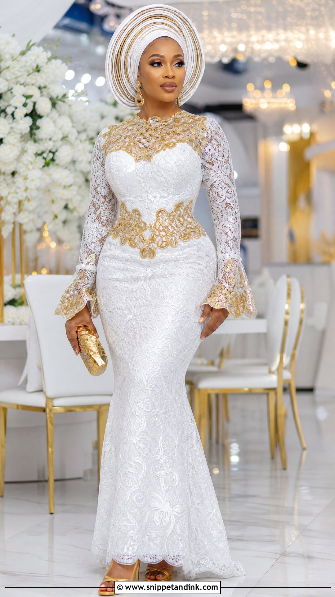 White And Gold Cord Lace Gown With Matching Gele - Snippet and Ink - 20 White Cord Lace Gown Styles