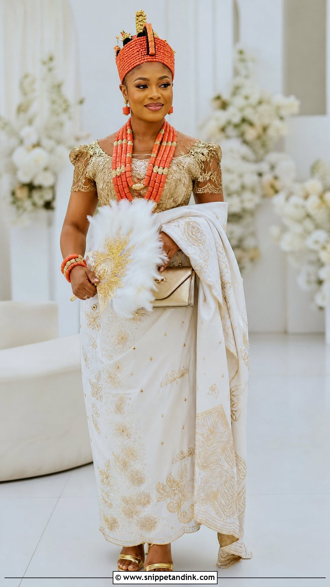 White And Gold George Igbo Bride Outfit - Snippet and Ink - 20 Igbo Bride Traditional Wedding Outfit Ideas