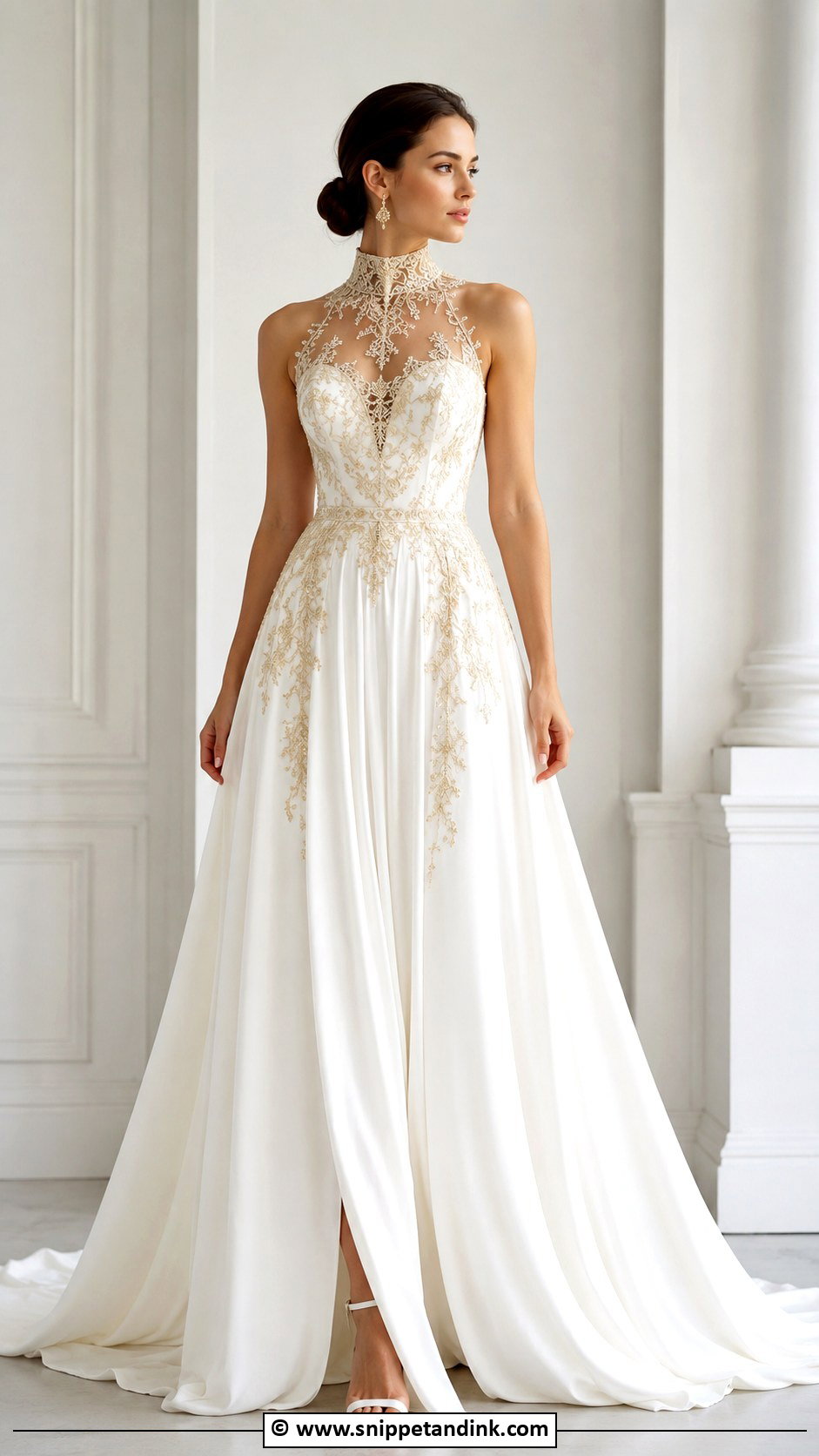 White And Gold High Neck Wedding Dress - Snippet and Ink - 25 White and Gold Wedding Dress Ideas