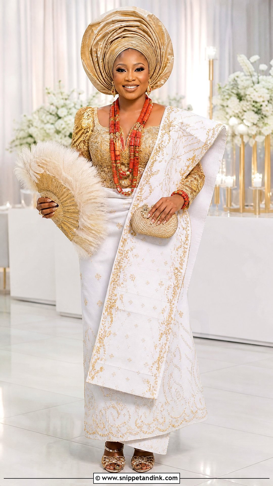 White And Gold Igbo George Wrapper Outfit - Snippet and Ink - 20 Traditional Igbo Nigerian Wedding Dresses