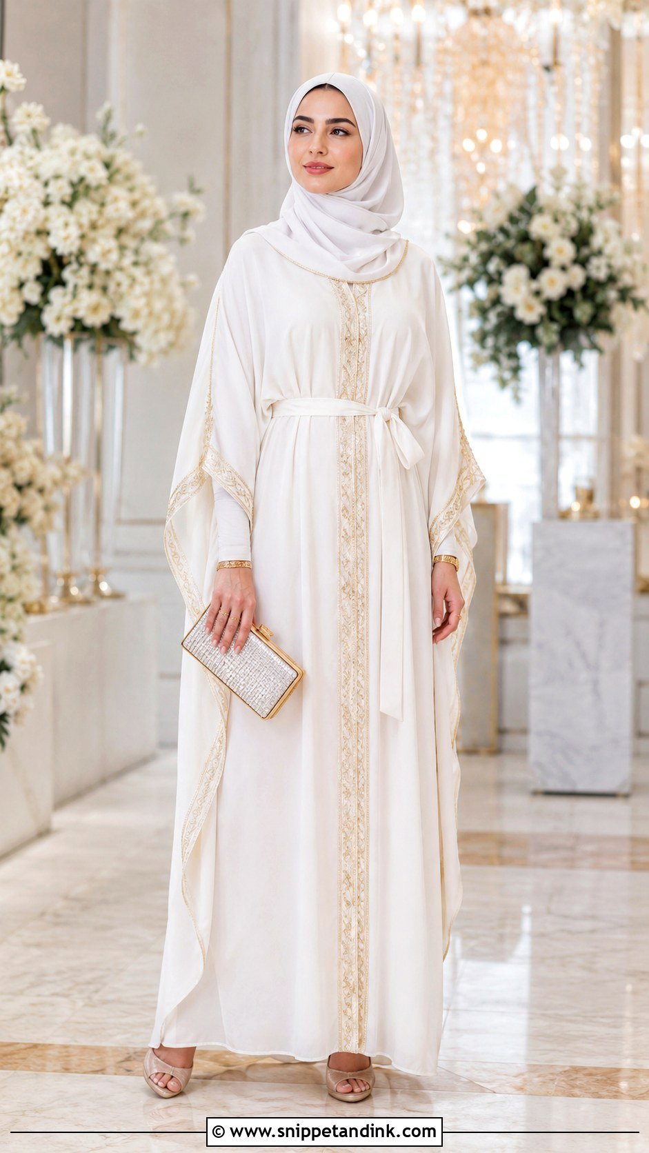 White And Gold Kaftan Bride Abaya - Snippet and Ink - 20 Bride Abaya Ideas
