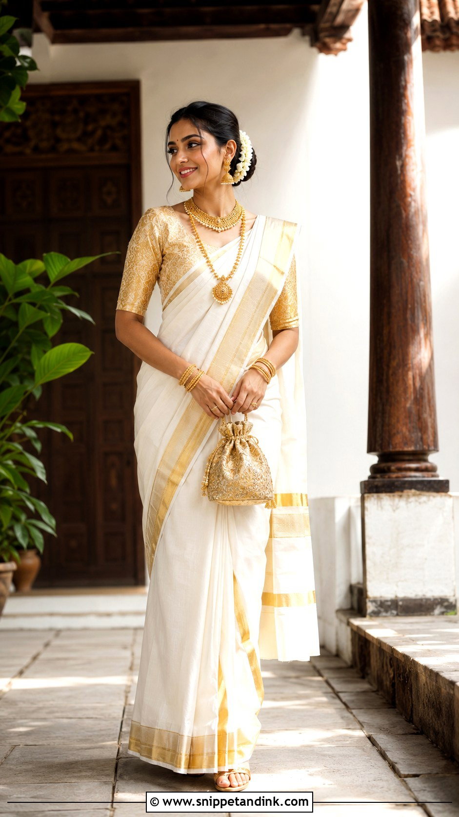 White And Gold Kasavu Saree Roka Outfit - Snippet and Ink - 20 Indian Roka Outfits