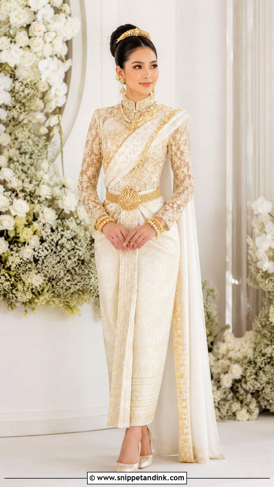 White And Gold Khmer Wedding Outfit - Snippet and Ink - 20 Khmer Wedding Outfits