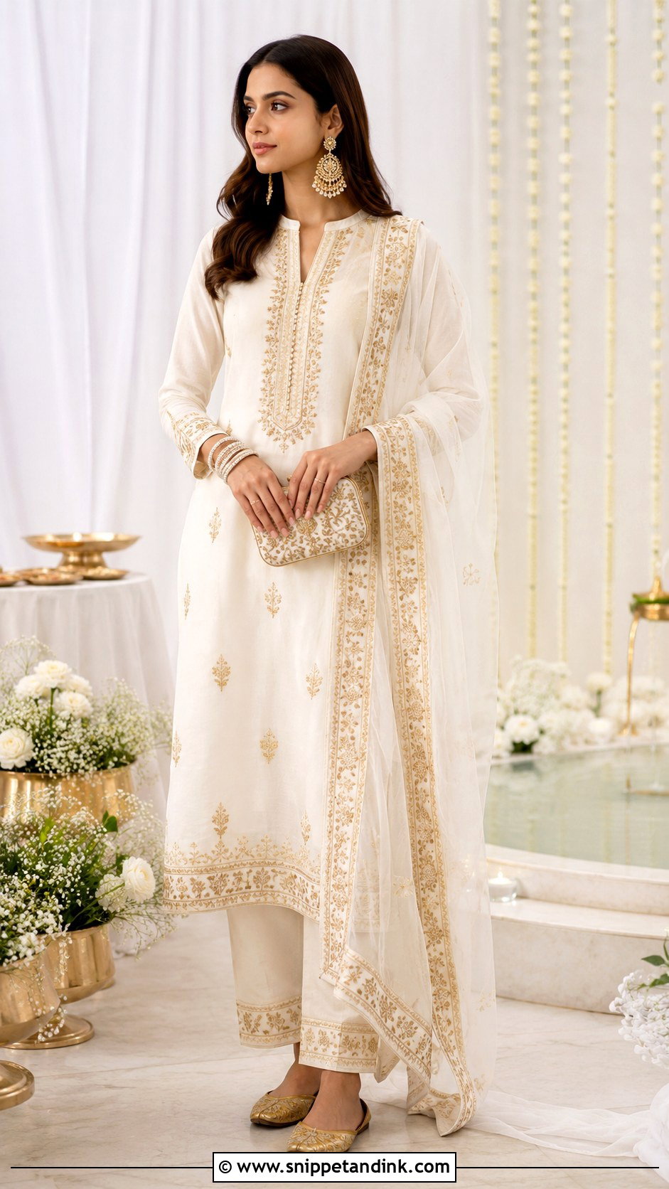White And Gold Kurta Jal Ceremony Outfit - Snippet and Ink - 20 Jal Ceremony Outfit Ideas