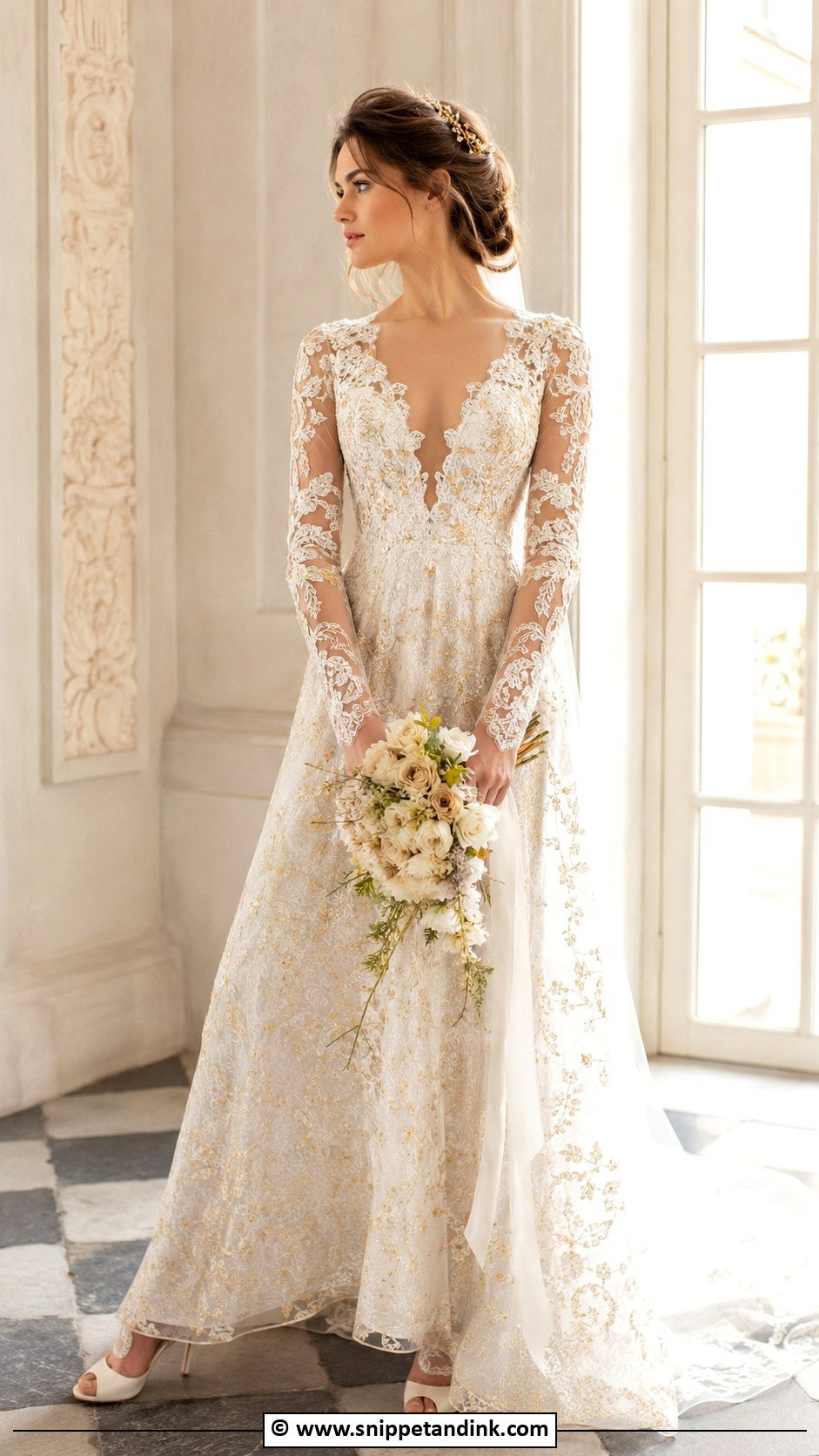 White And Gold Lace Wedding Dress - Snippet and Ink - 25 White and Gold Wedding Dress Ideas