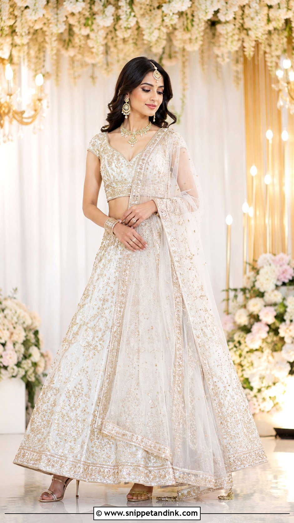 White And Gold Lehenga For Bride - Snippet and Ink - 25 Sangeet Outfit for Bride Ideas