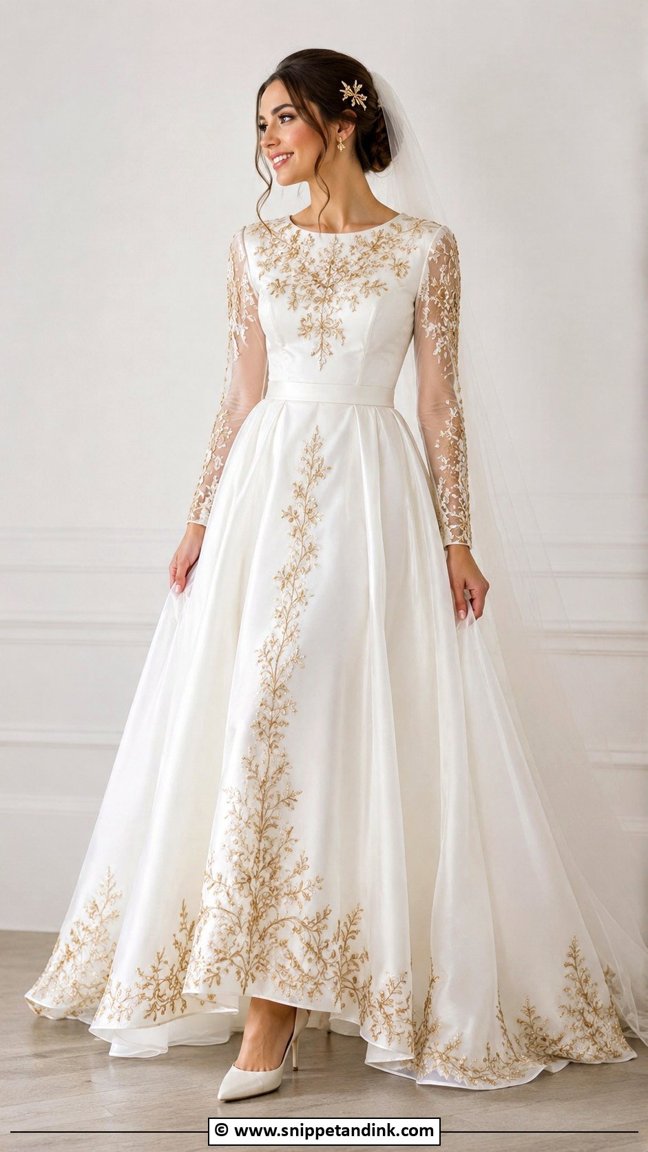 White And Gold Long Sleeve Wedding Dress - Snippet and Ink - 25 White and Gold Wedding Dress Ideas