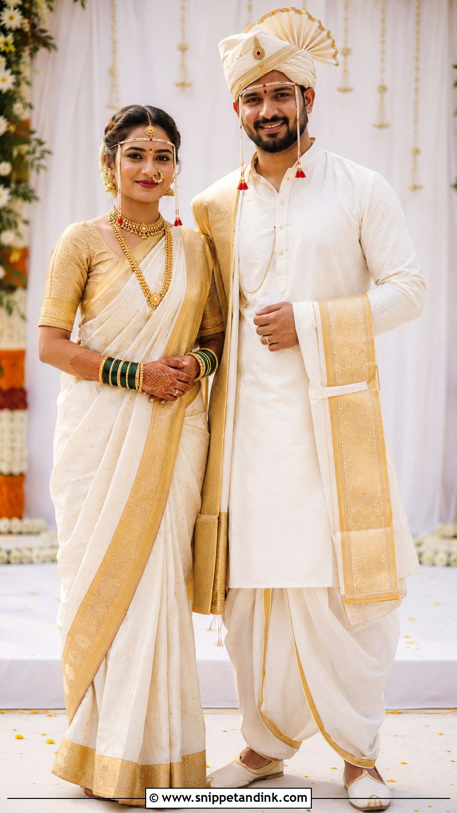 White And Gold Maharashtrian Couple Wedding Outfit - Snippet and Ink - 25 Maharashtrian Wedding Couple Outfits