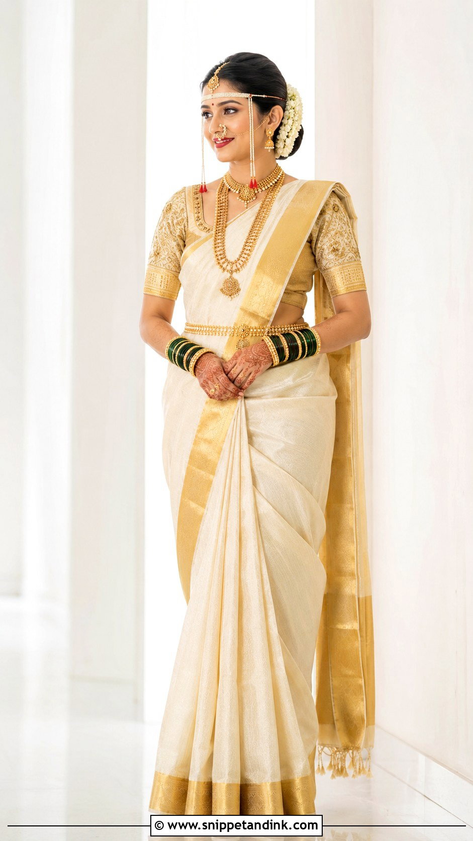 White And Gold Marathi Bride Saree - Snippet and Ink - 30 Marathi Bride Look Ideas