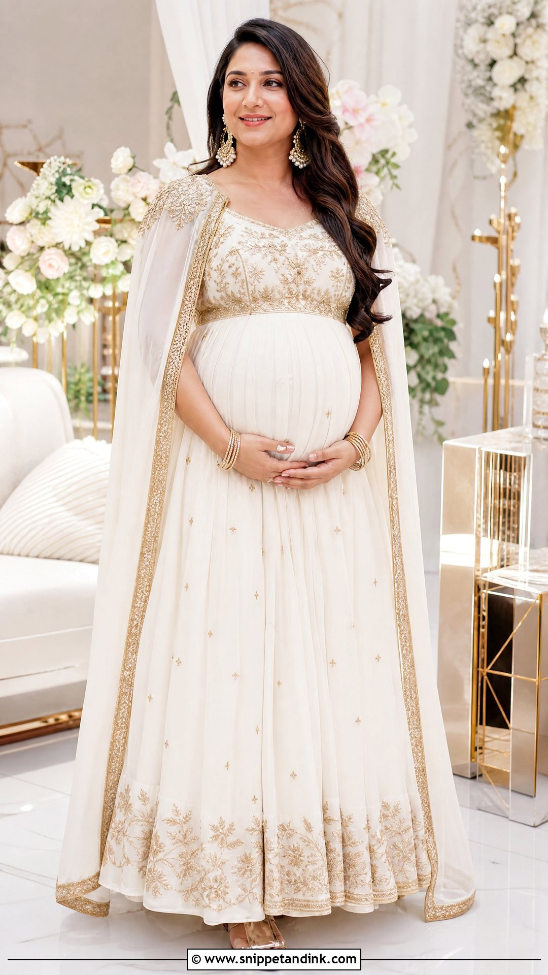 White And Gold Maternity Gown Godbharai Look - Snippet and Ink - 25 Godbharai Look Ideas