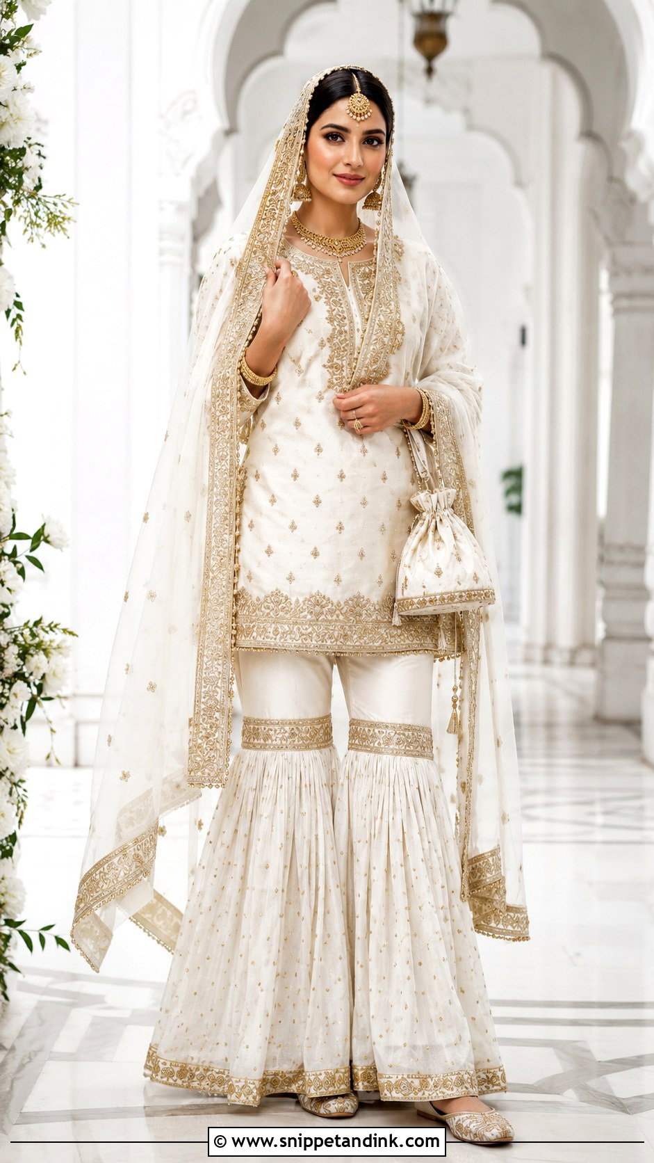 White And Gold Nikah Garara Outfit - Snippet and Ink - 20 Nikah Garara Ideas