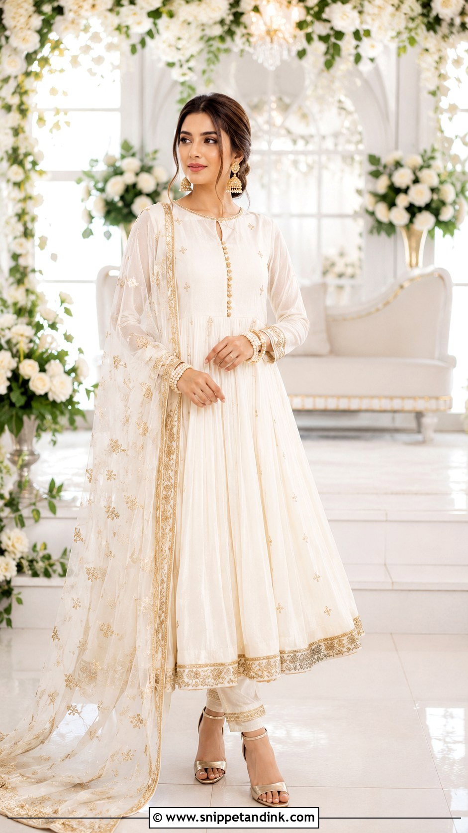 White And Gold Nikkah Anarkali Dress - Snippet and Ink - 30 Pakistani Wedding Dress Ideas