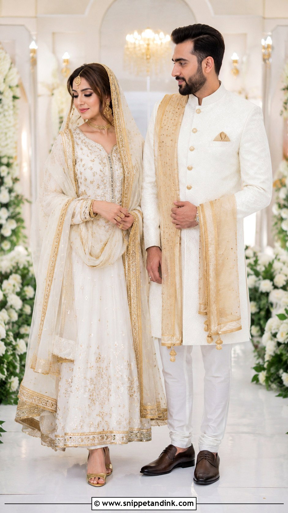 White And Gold Nikkah Couple Outfit - Snippet and Ink - 25 Nikkah Couple Outfit Ideas