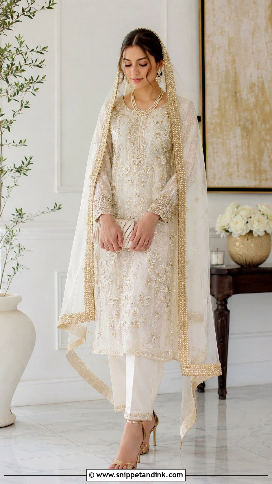 White And Gold Nikkah Outfit - Snippet and Ink - 30 Pakistani Wedding Outfits Sisters