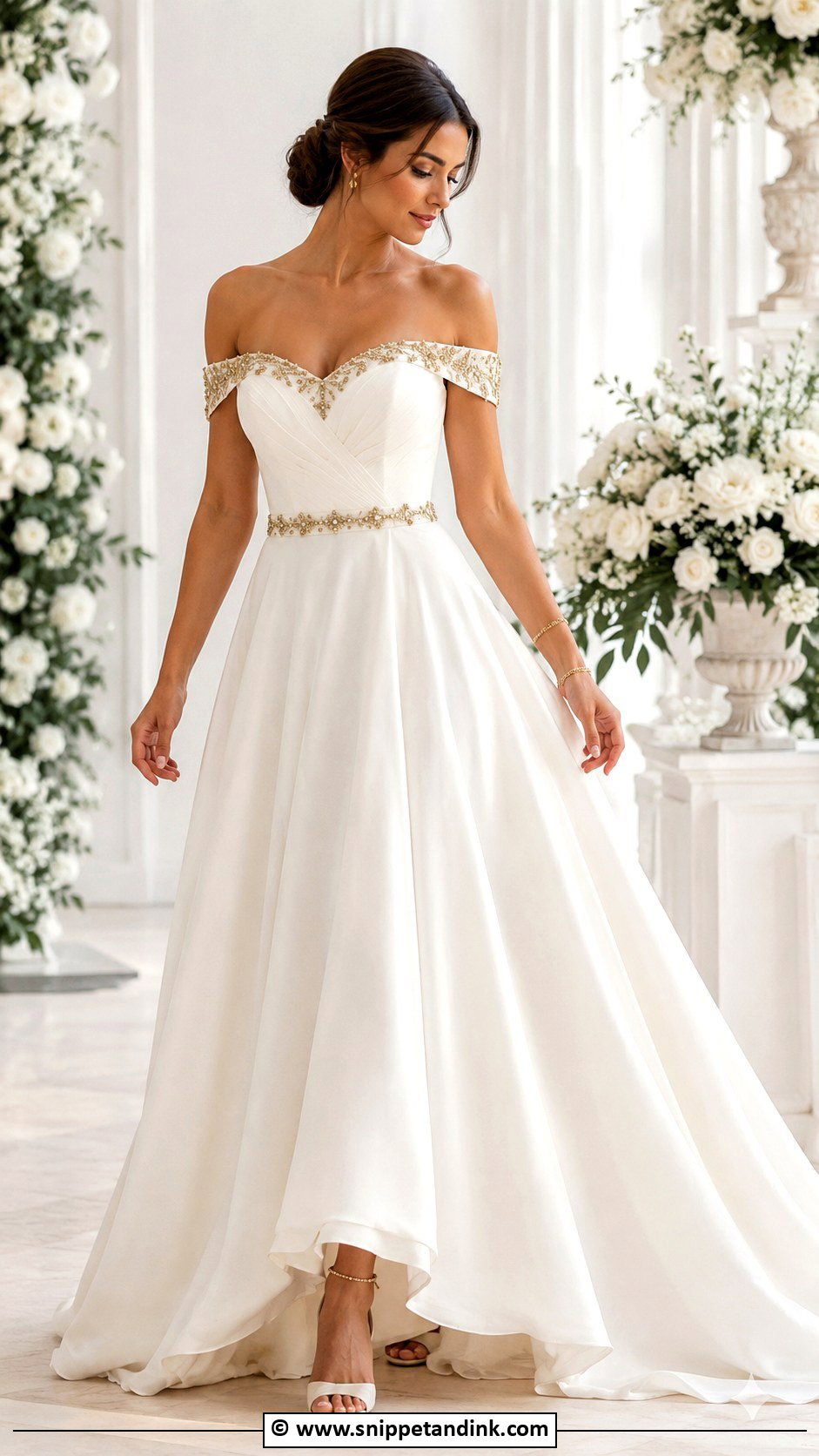 White And Gold Off Shoulder Wedding Dress - Snippet and Ink - 25 White and Gold Wedding Dress Ideas