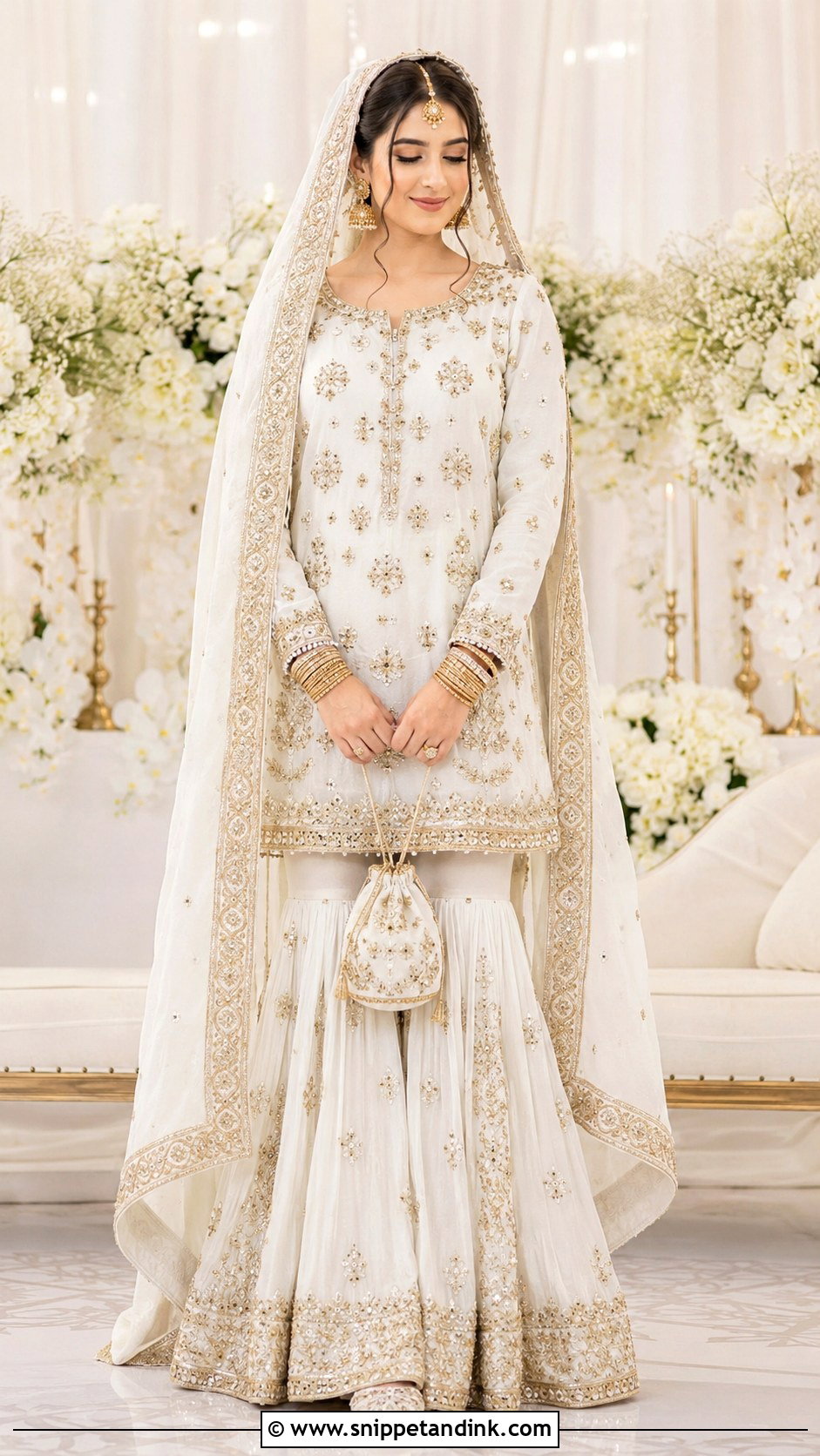 White And Gold Pakistani Bridal Gharara - Snippet and Ink - 20 Pakistan Bridal Dress Ideas