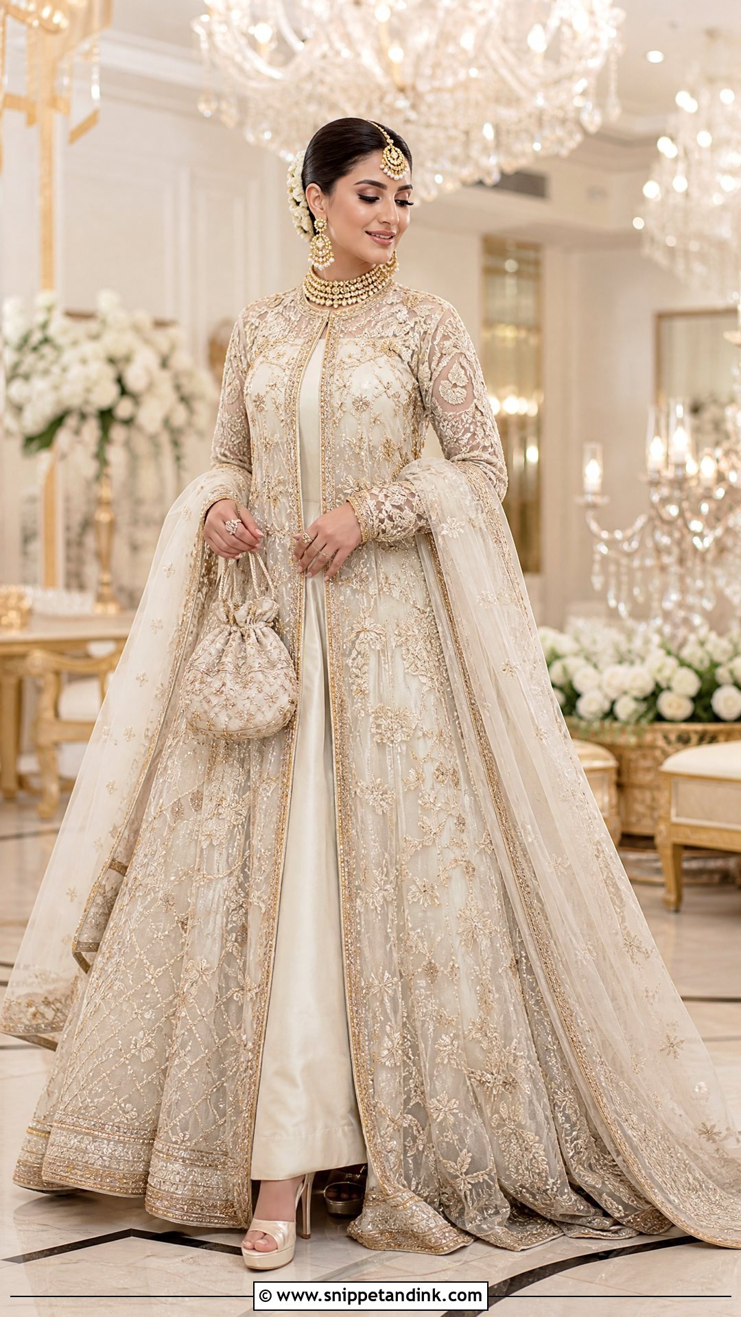 White And Gold Pakistani Bridal Walima Maxi - Snippet and Ink - 20 Pakistani Bridal Walima Maxi Ideas
