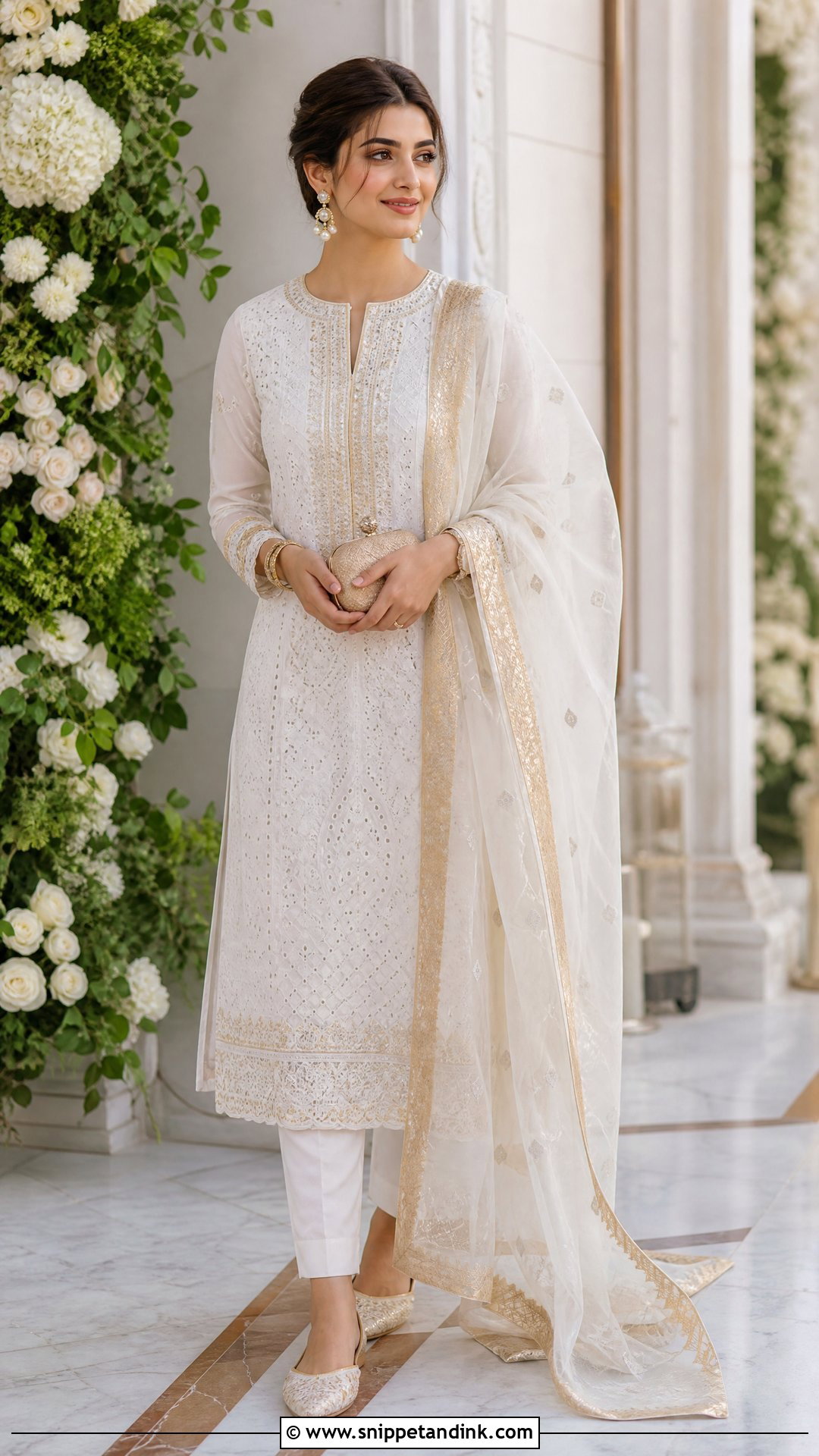 White And Gold Pakistani Chikankari Suit Dress - Snippet and Ink - 25 Pakistani Fancy Dresses for Wedding