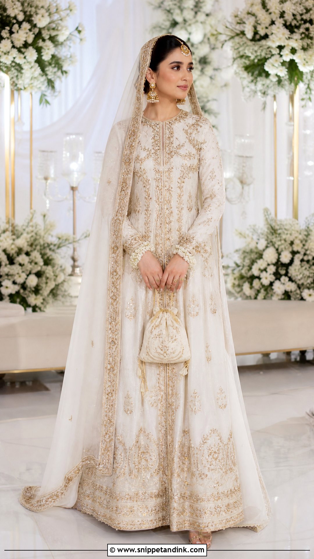 White And Gold Pakistani Maxi For Nikkah - Snippet and Ink - 20 Pakistani Maxi Designs for Wedding