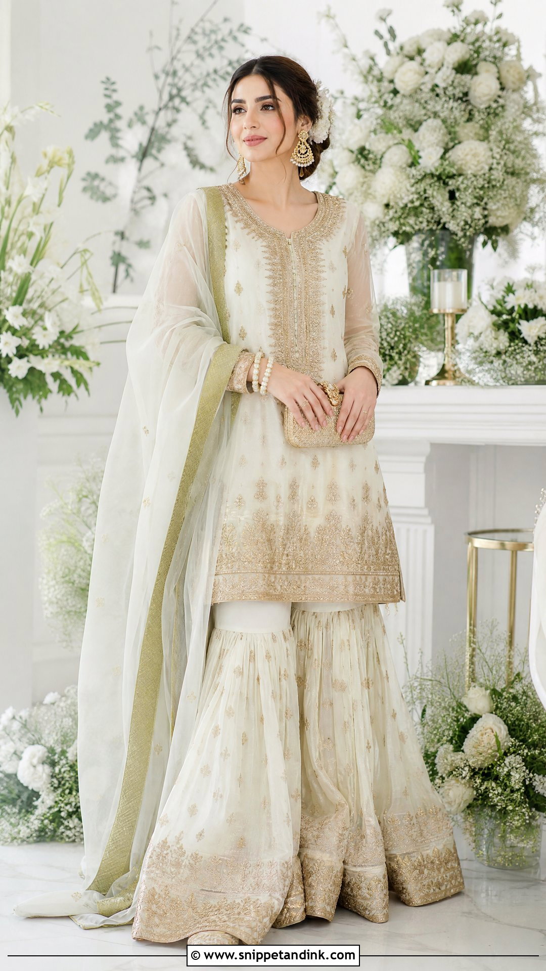 White And Gold Pakistani Sister Gharara - Snippet and Ink - 20 Pakistani Sister Wedding Dress Ideas