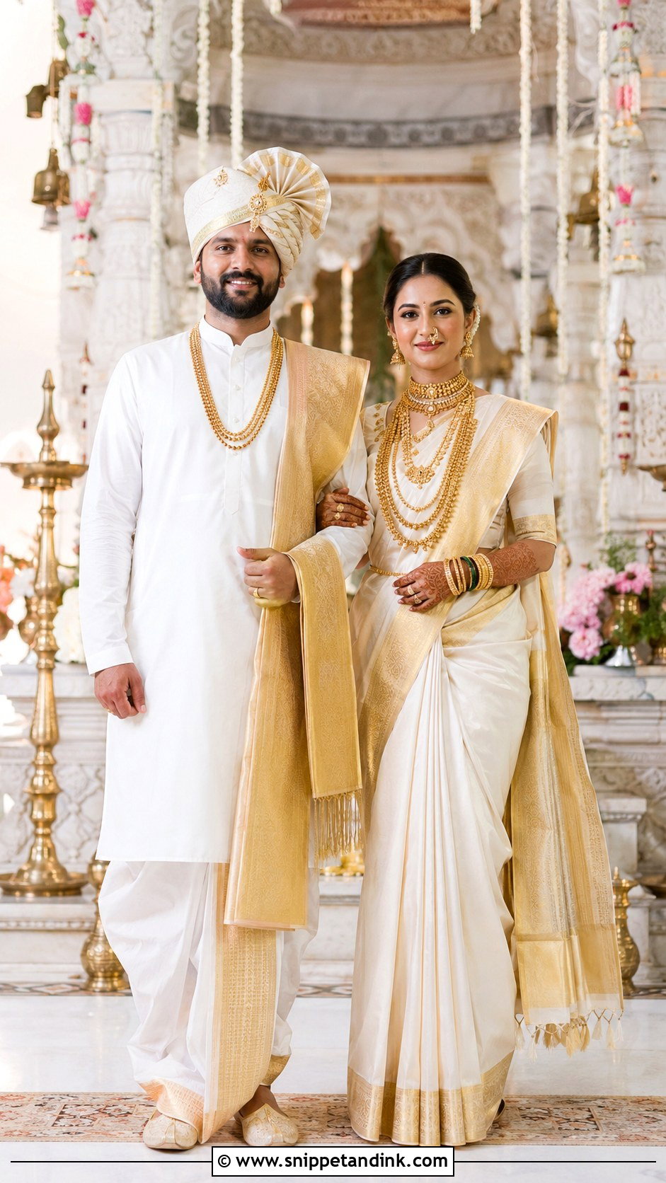 White And Gold Peshwai Wedding Couple Look - Snippet and Ink - 25 Peshwai Look for Wedding Couple Ideas
