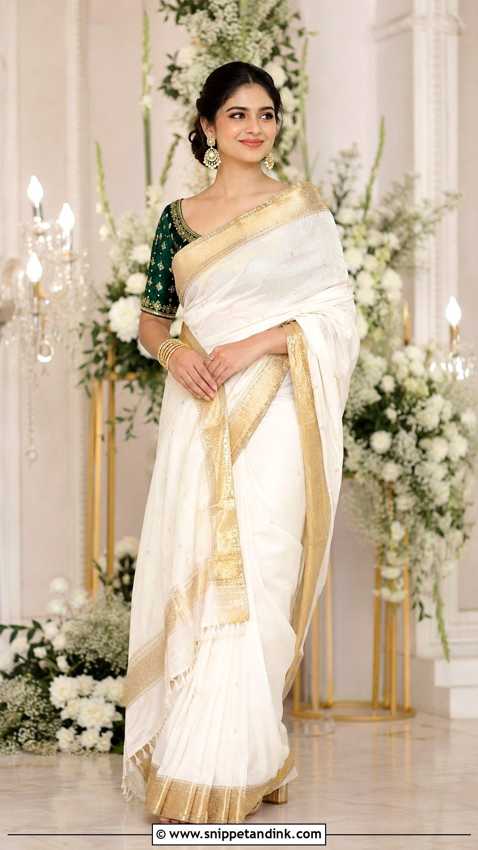White And Gold Saree For Engagement - Snippet and Ink - 25 Indian Best Friend Wedding Outfit Ideas