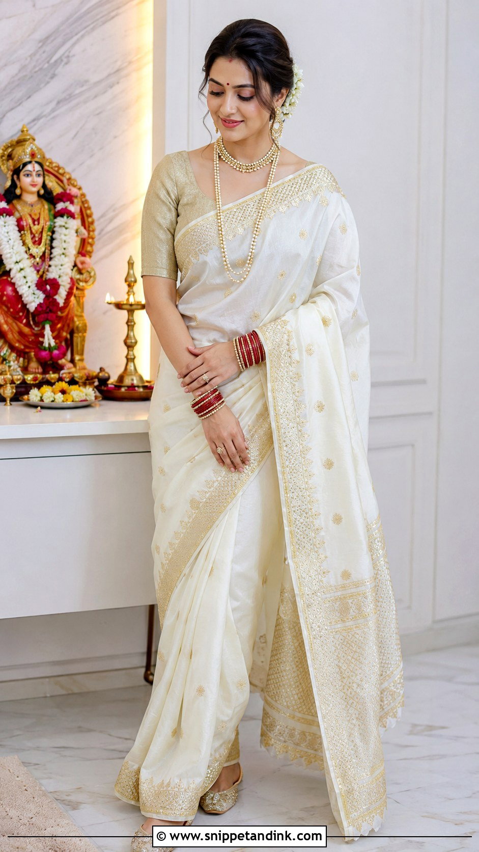 White And Gold Saree For Mata Pujan Bride - Snippet and Ink - 25 Mata Pujan Dress for Bride Ideas