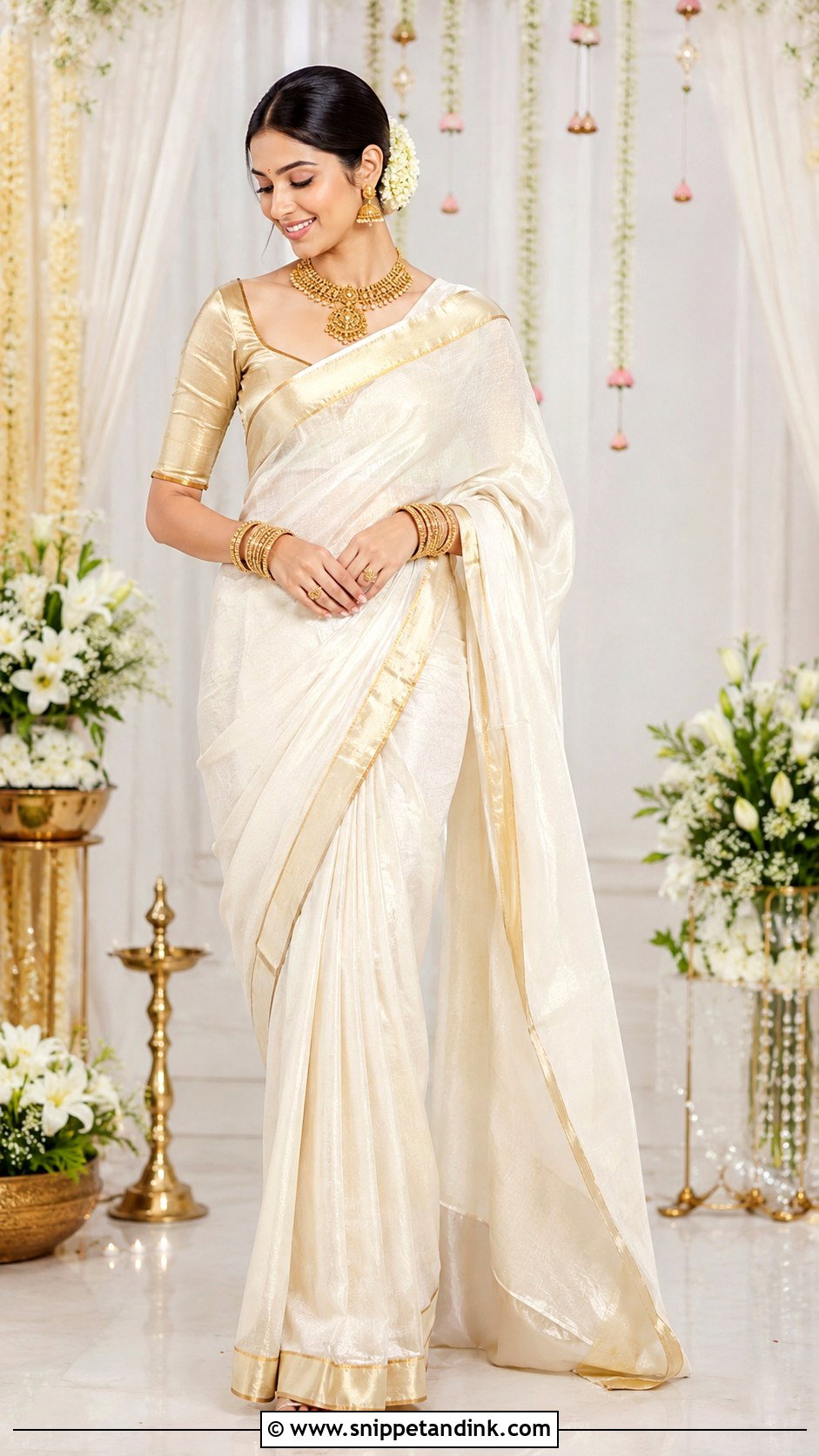 White And Gold Saree For Roka Bride - Snippet and Ink - 25 Roka Dresses for Bride